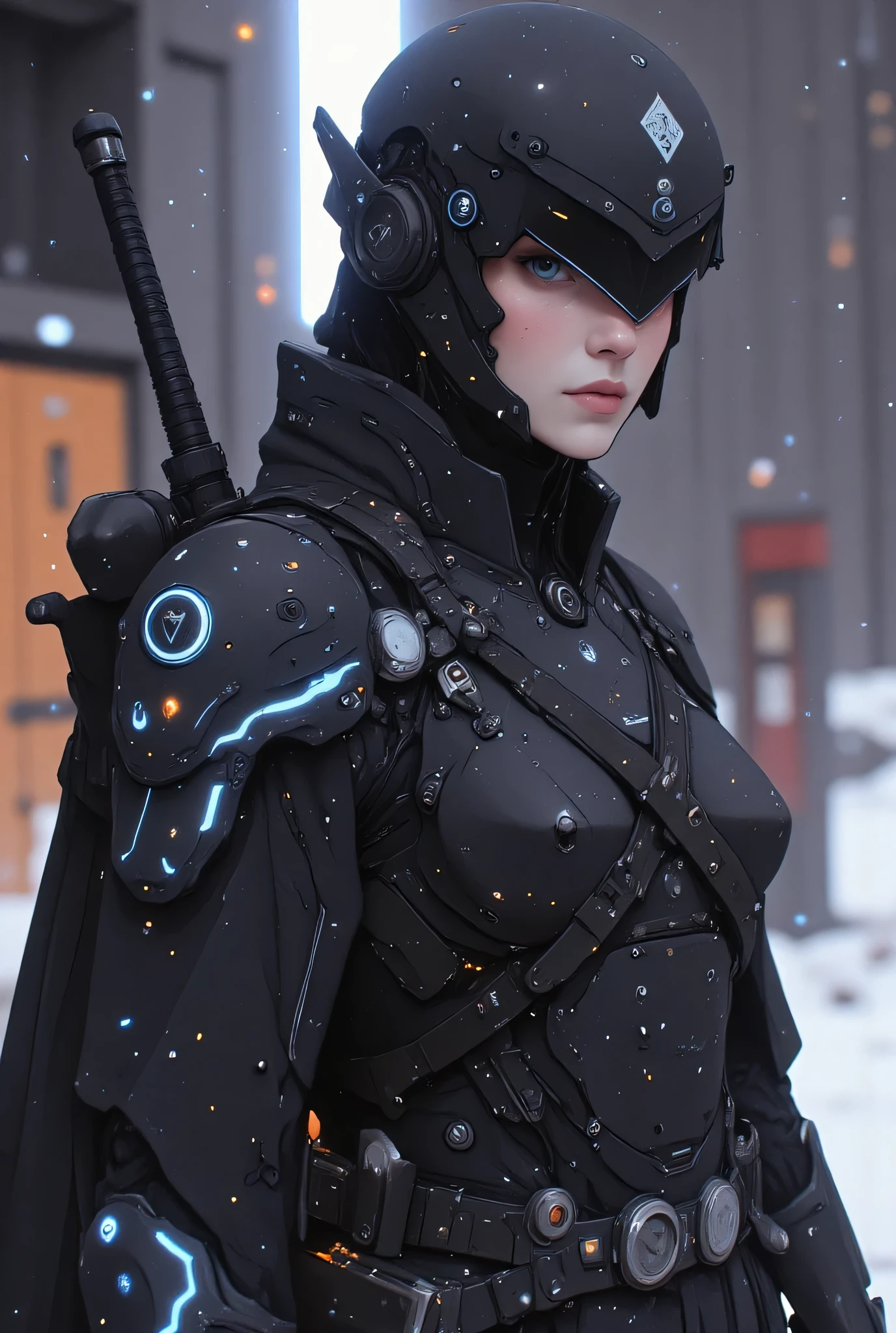 samurai、warrior、A cybernetic female cosmic samurai stands poised on the observation deck of a colossal interstellar battleship, her obsidian space-helm visor reflecting nebula patterns while maintaining her composed warrior’s gaze. Her right arm transforms into an intricate astro-mechanical limb with glowing plasma conduits replacing veins, holographic interface rings floating around articulated joint mechanisms. She grips a plasma-charged kunai crackling with stellar energy in her organic left hand.
Her armor synthesizes traditional samurai kabuto elements with celestial combat systems - meteorite-forged shoulder guards house retractable thruster packs, while her obi belt integrates zero-gravity stabilization modules. The battleship’s pulsating warp core casts an ethereal blue glow across her armor’s nano-weave surface, revealing constellation patterns in the metallic threading.
Behind her stretches the infinite cosmos, dominated by the battleship’s gargantuan cyber-shogunate hull bristling with quantum torpedo bays and prismatic shield projectors. Micro-meteorites spark against the ship’s defensive barrier as she stands anchored by magnetic boots, solar winds billowing her photon-weave haori adorned with holographic clan insignias. Drifting space debris and combat drones frozen in mid-explosion surround the warship, capturing the moment before the battle’s crescendo.