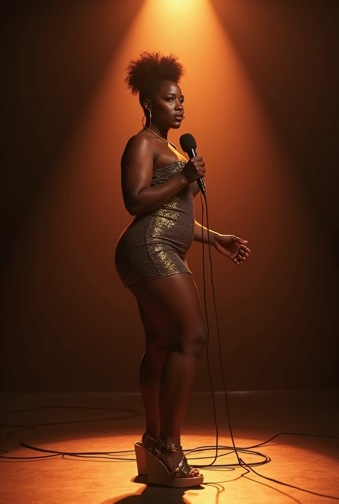 Busty 250 pound obese  ((black female rapper on stage with a man Deejay:1.3)).  She has (( unreal, oversize, large saggy tits showing massive gross cleavage:1.2)) and holding a (microphone on a stand:1.1). ((she is wearing makeup, dark red lipstick, a cross pendant, and a slutty and revealing red dress)), ((her mouth is closed:1.1))