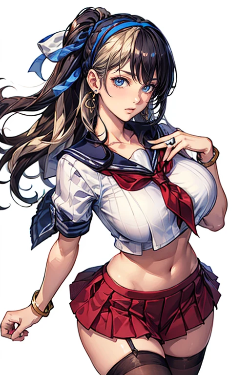 ,Open mouth, large breasts,wide hips,,twin braids,brown hair,long hair,blush,,standing,cowboy shot,navel,single thighhigh,sleeveless,red skirt,black necktie,white groves,white shirt,black sailor collar,Bright glossy screen,,black hair,,open mouth, ,,huge breasts,,narrow waist,navel , eyelashes, eyeshadow, lips,, 8k, hdr, raytracing,dakimakura