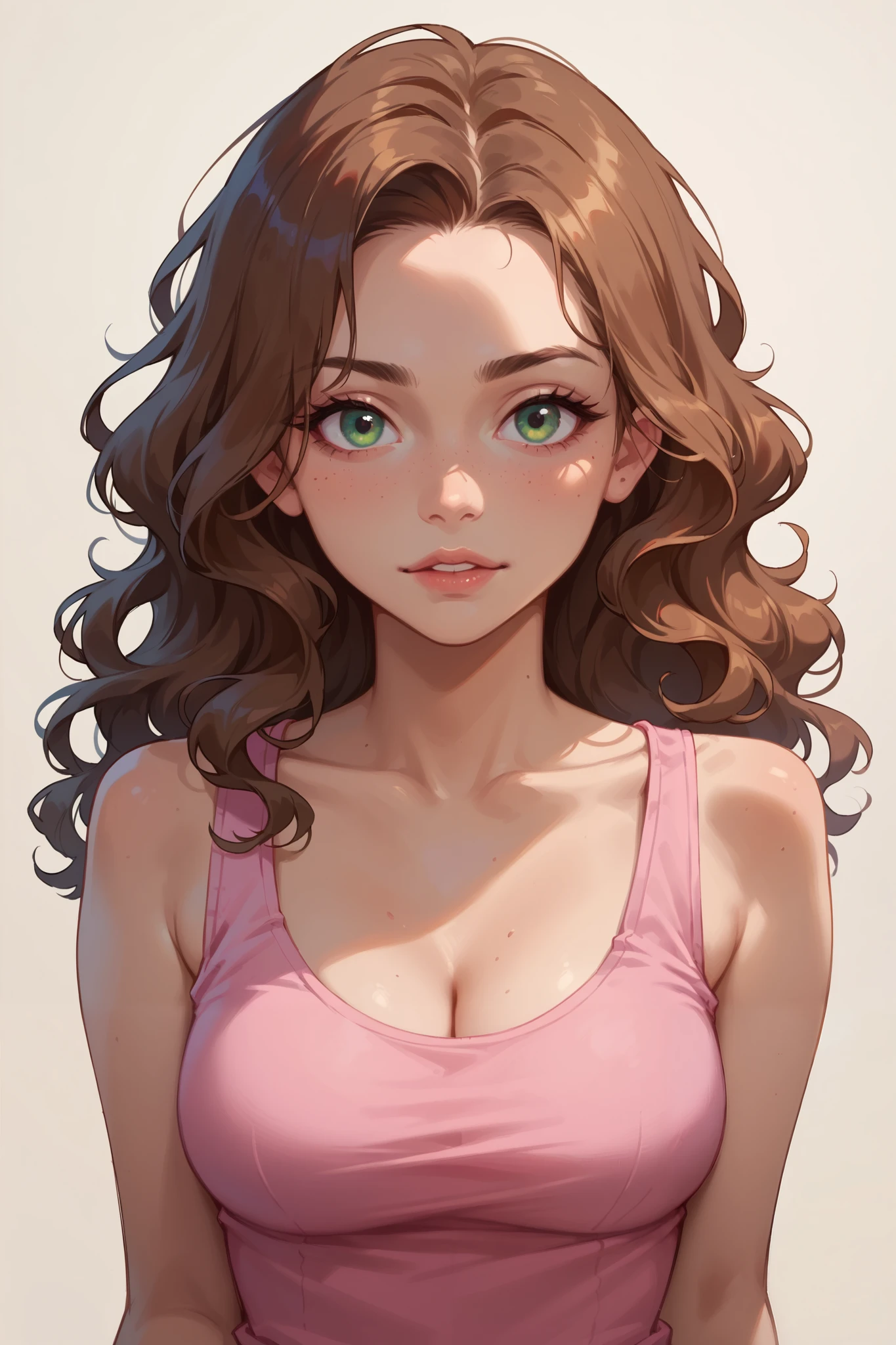  score_9, score_8_up, score_7_up,1girl,  brown wavy hair and a ponytail (pink  tank top),  , Cleavage,  