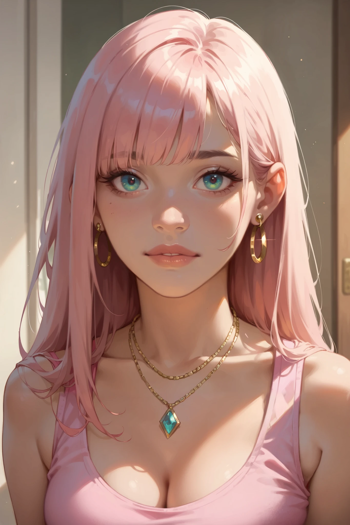 score_9, score_8_up, score_7_up,1girl, long straight hair with bangs, (pink tank top), , Cleavage, necklace, earrings