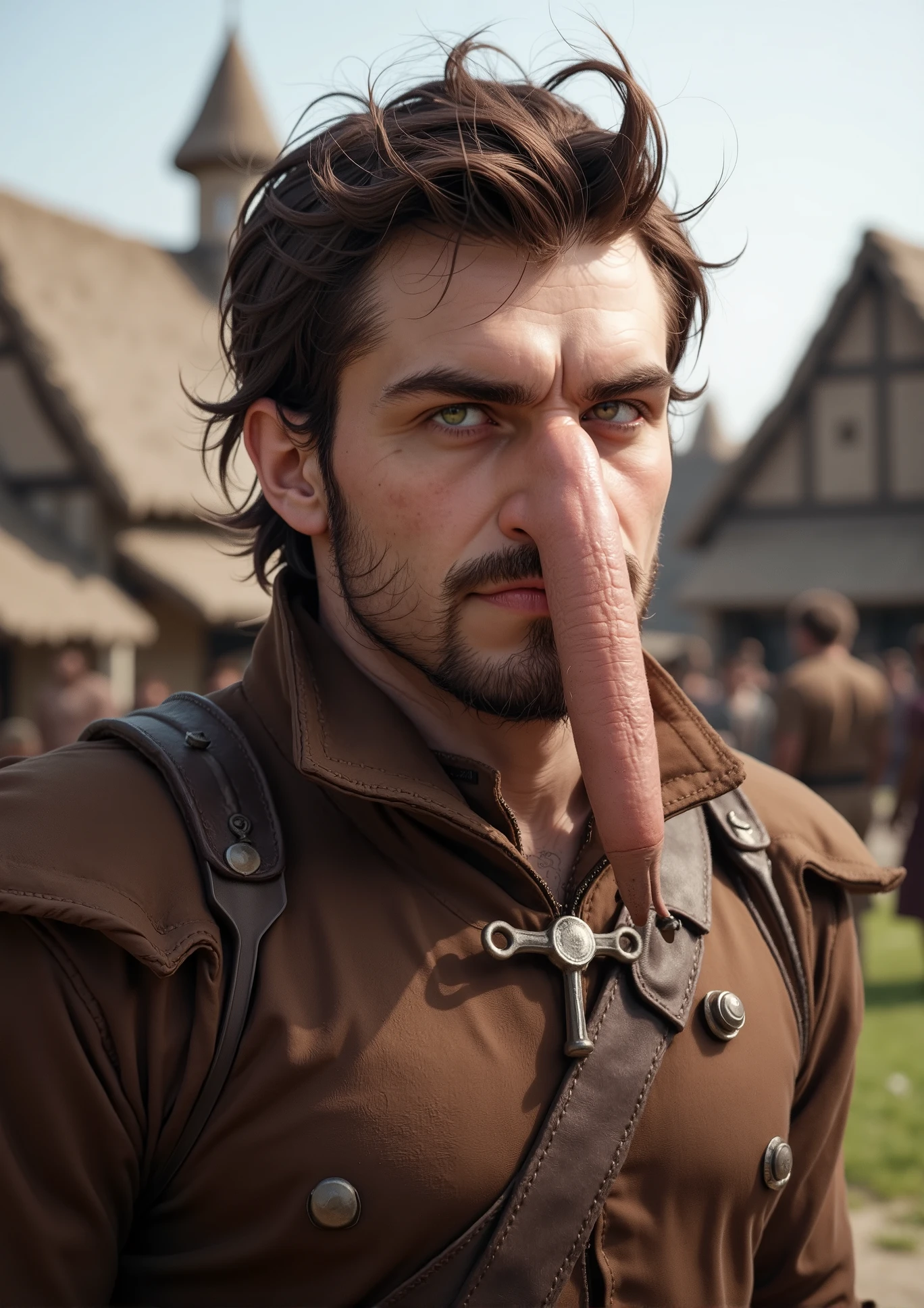  High resolution ,  Anatomically Correct,  Precise,  The best quality ,  Premiado muchas veces , Detail, Details altos, HD model,  high quality, quality,  Very detailed, a man, a Baron ,  a Minecraft villager , aldea Calbo ,  large and long nose ,  with realistic textures ,  a brown outfit , a sturdy clothing ,  in the background a village with other villagers like,  you see  ,  purple mediabal type  ,  green eyes , hombre Calbo  ropo de piel o manta,  large and long nose , Long nose ,  you see ,Calbo 