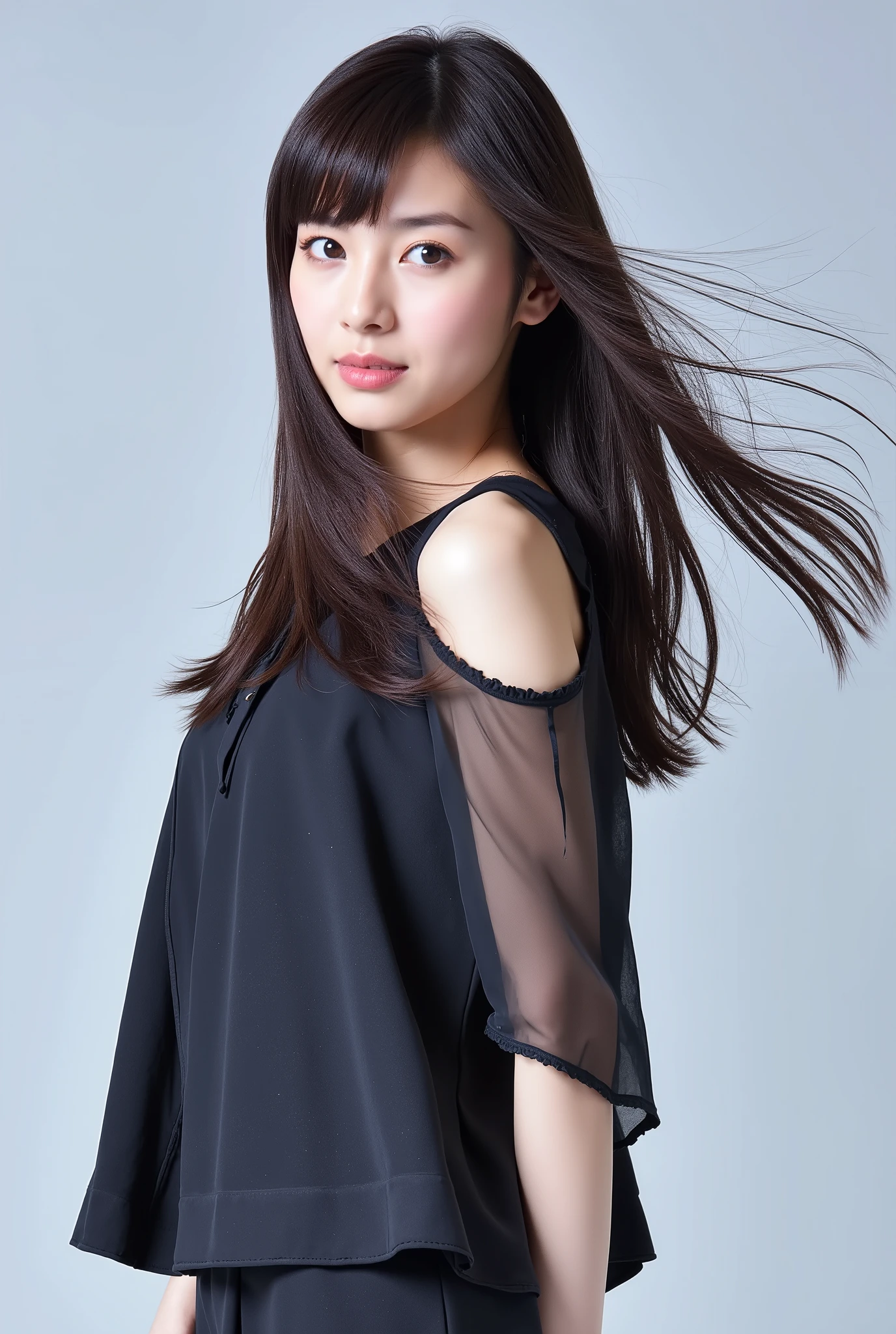 Create a stunning portrait of a beautiful K-pop idol. She is wearing a live performance outfit, showcasing her slender figure. Her medium-length hair flows elegantly as she stands confidently on the live stage.