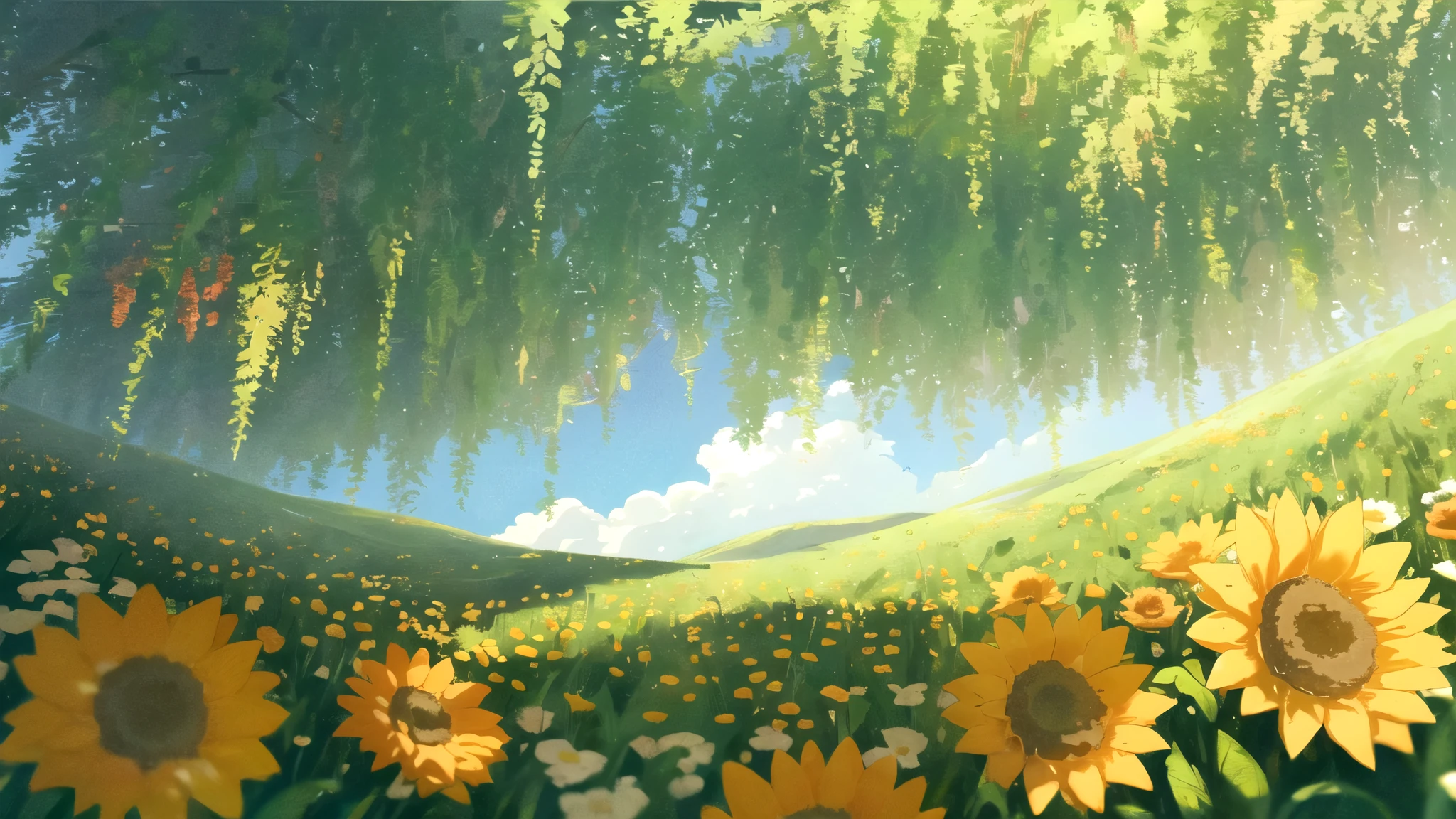 masterpiece, best quality, potg style, scenery, flowers, grasslands, from below,