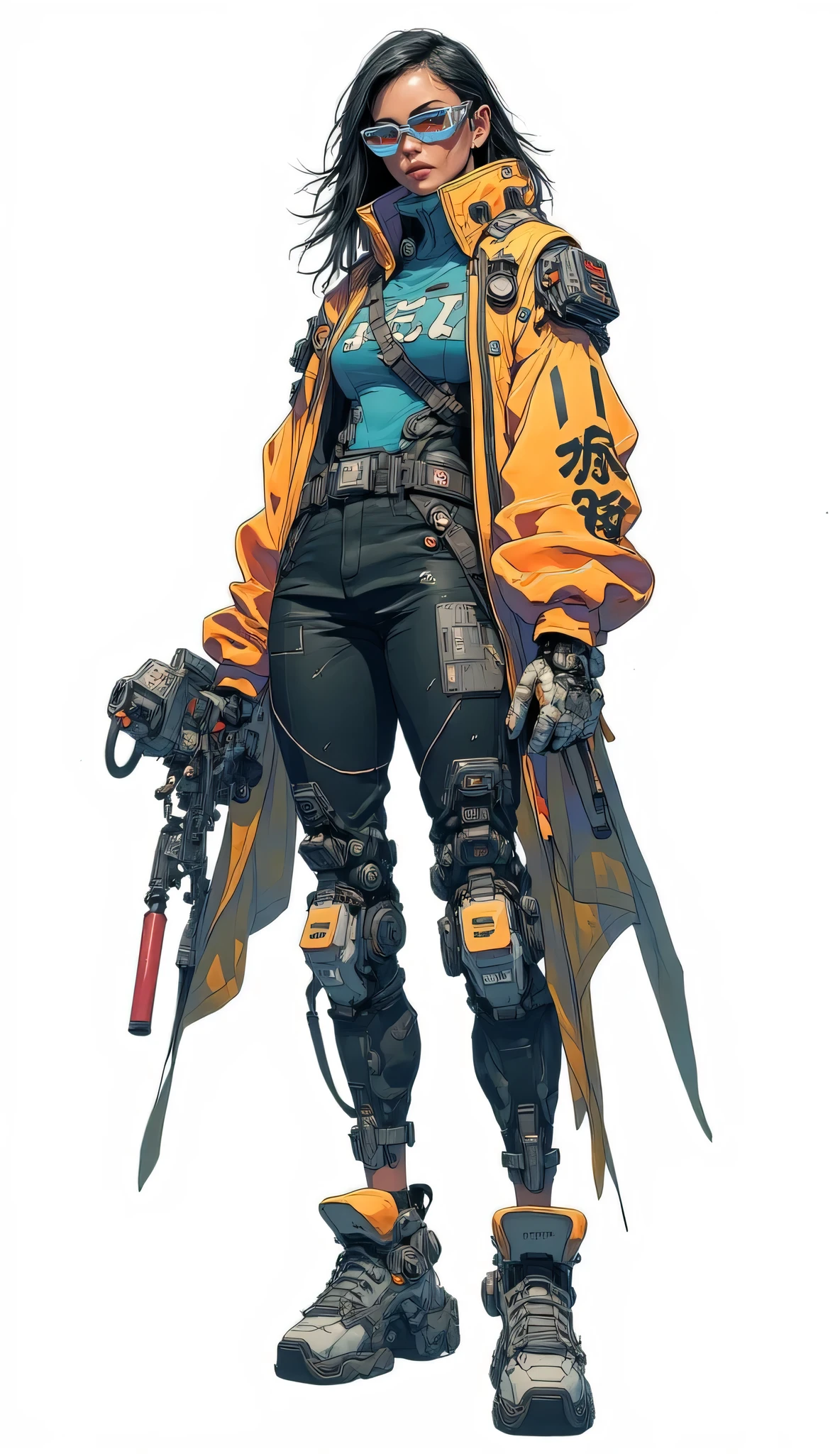 There is a woman in a yellow coat holding a gun, katana zero video game character, phoenix pearl concept art, yellow robe, yellow robe cultist, Kusart Krenz key art feminization, female characters, expert high detail concept art, full body fairy, from the girl front, yellow robe, cyberpunk femme fatale, character artwork, no glasses, two sky-piercing braids, a little mecha elements, futuristic firearms, sneakers, three floating cannons on the back, pure white background, cheap prostitutes