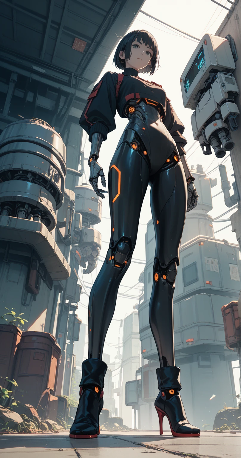 Long black hair、Beauty、White tank top、Highest quality、cyber punk、Orange goggles、cyborg、background(Sky and Machine City)blue sky、Jumping figure