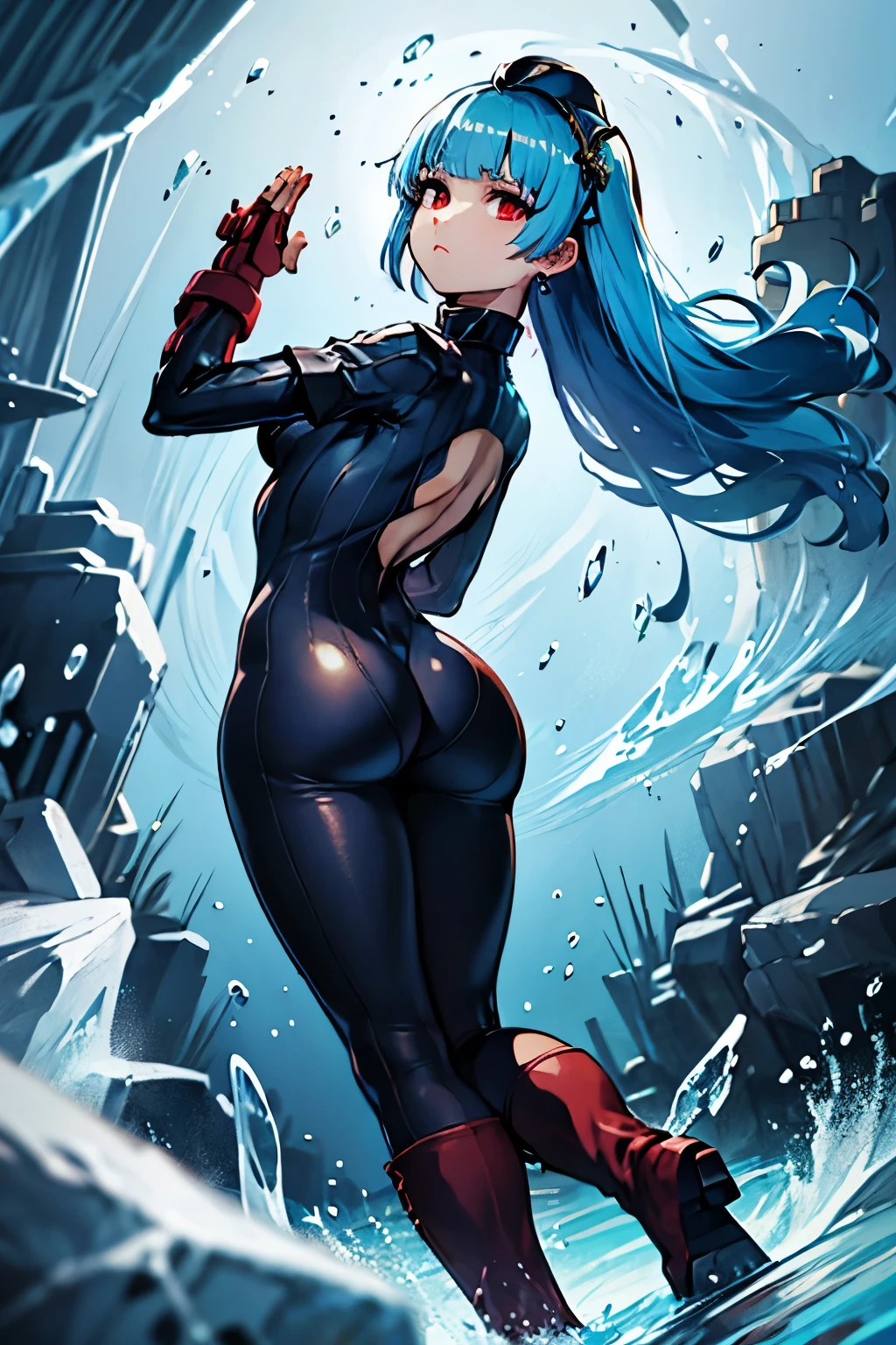 expressionless, blank eyes, looking at viewer, emotionless, corruption, mind control, female combatant, hypnotized, unhappy trance, obey, perfect female body, hypnosis, hypnoLora, empty eyes, Mind control device, Slave, hat, dark persona, (((pixel-perfect, detail-perfect))), solo, 1girl, hair ornament, light blue hair, long hair, very long hair. straight hair, red eyes, bangs, kula