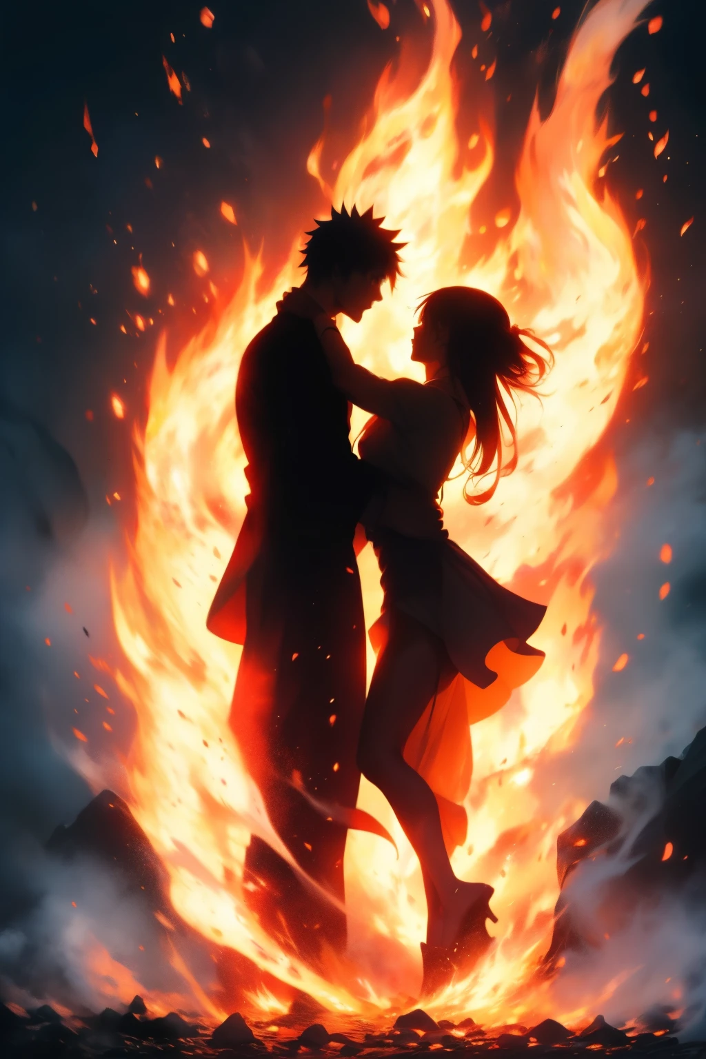 A silhouette couple demon burning in flame with anime style