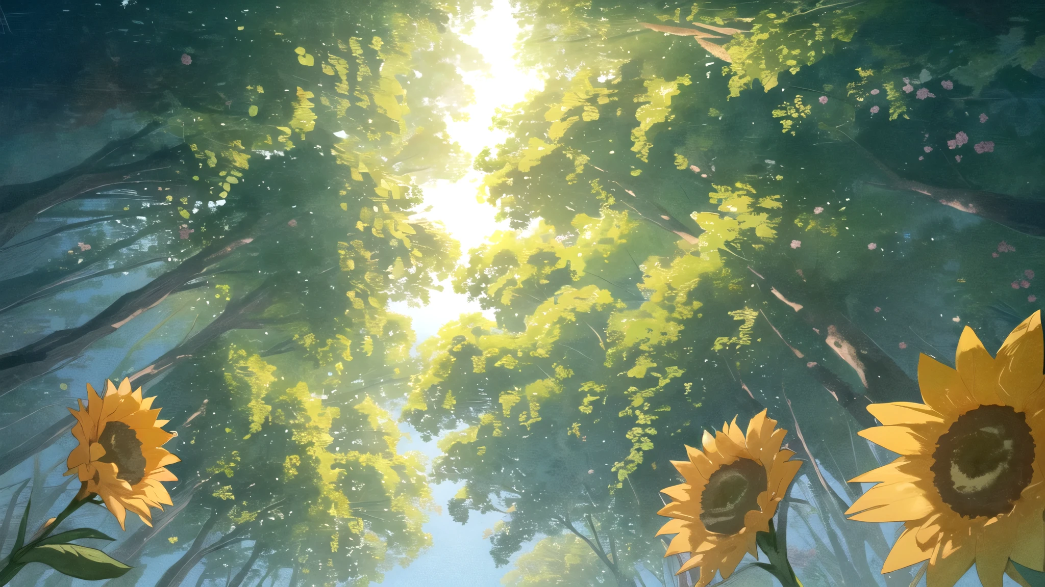 masterpiece, best quality, potg style, scenery, flowers, grasslands, from below,