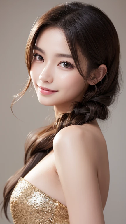 highest quality, very high resolution, (realistic:1.4), (Accurate reproduction: 1.4), big breasts, facial details, fine eyes, various hairstyles, Scapula, extreme close up, sexy dress, From above, shiny skin, smile,