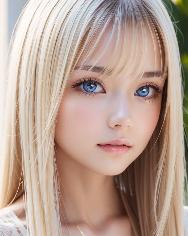 True Photo Quality、Extraordinary sexy beauty、Beautiful calm and bright expression、Sexy refreshing look、Long bangs that fall on a perfect beautiful cute face、Super long platinum blonde straight silky hair、blonde on a beautiful face、Very cute beautiful sexy young little woman、Very perfect beautiful cute face、Beautiful bright sky blue eyes、Very big eyes、Hair above the eyes、片Hair above the eyes、Hair between the eyes、Very radiant white skin、Cheek gloss