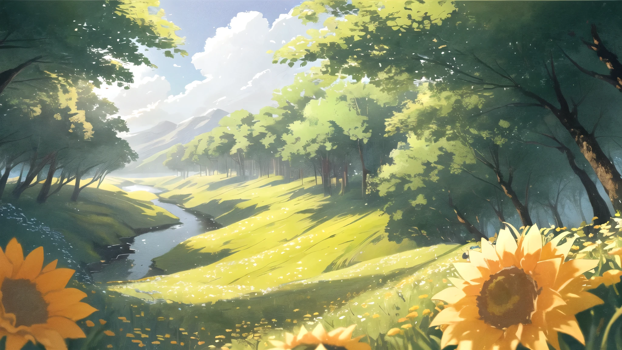 masterpiece, best quality, potg style, scenery, flowers, grasslands, from below,