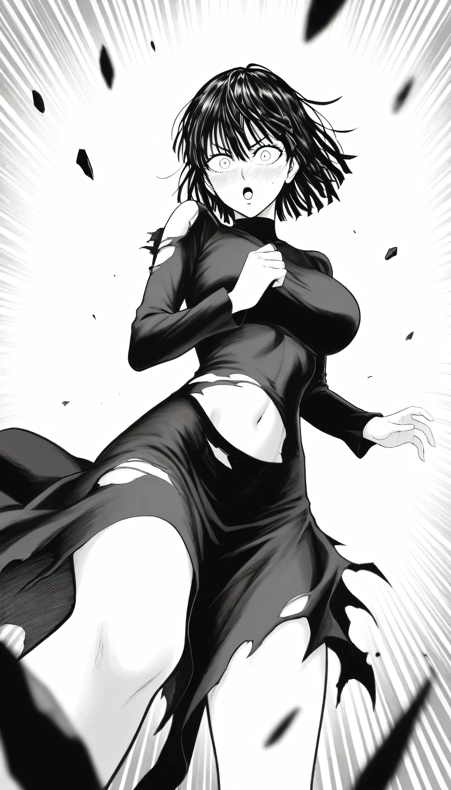 masterpiece, best quality, amazing quality, very aesthetic, intricate details, depth of field, scenery, BREAK.
monochrome, black and white, greyscale, screentones, halftone, ben-day dots, cross-hatching, hatching (texture), linear hatching, hatching \(art\), BREAK.
blush,
looking at viewer, surprised expression, surprised,
(wide eyed:1.2), (constricted pupils:1.2), (aged up:1.3),
BREAK.
(torn clothing:1.4), torn topwear,
(foreshortening:1.3), perspective,
torn black dress, long dress, long sleeves, turtleneck, , BREAK.
fubuki (one-punch man), 1girl, solo, white eyes, black hair, short hair, bangs, hair between eyes, large breasts, BREAK.,perfect navel,
