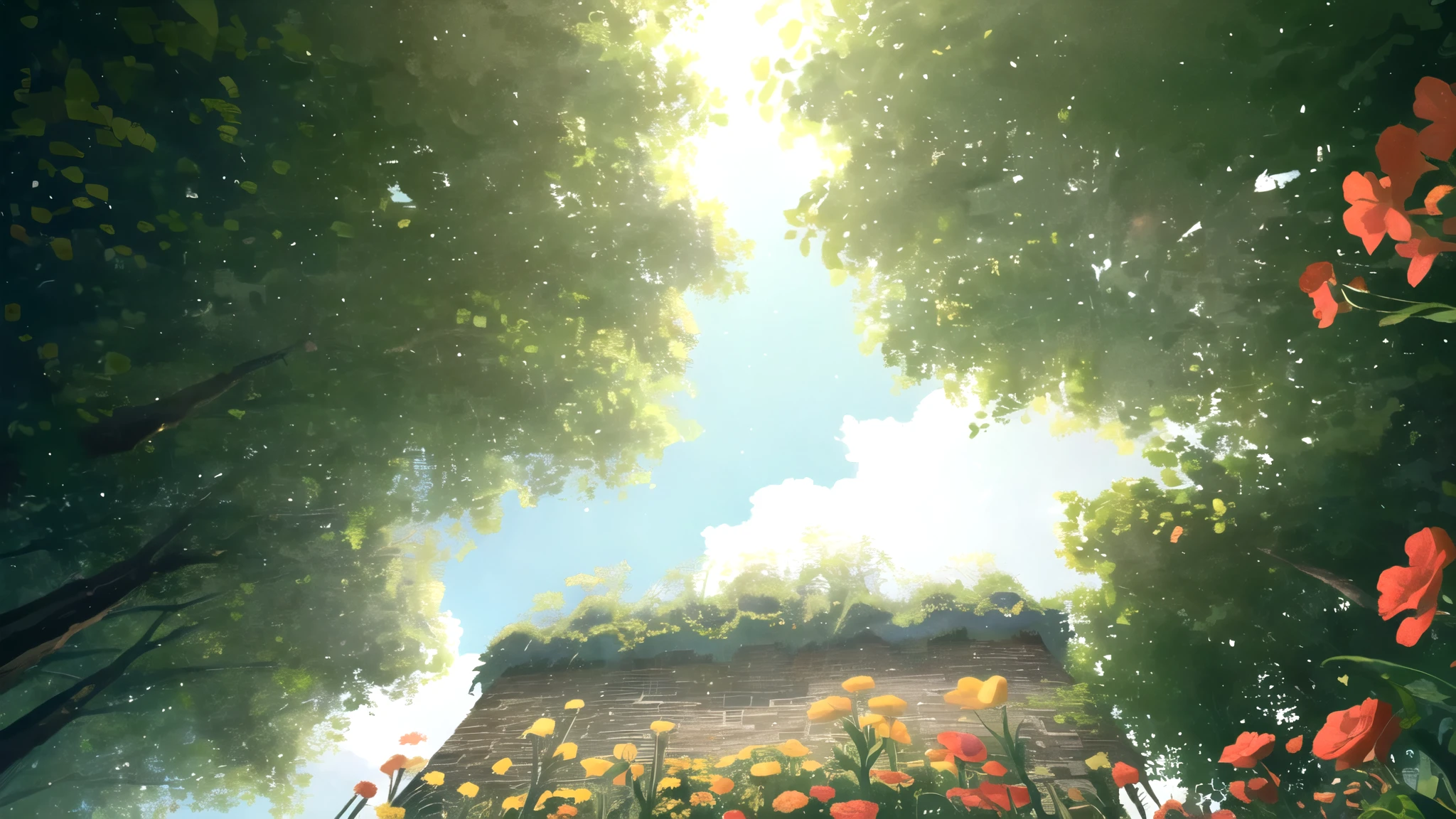 masterpiece, best quality, potg style, scenery, flowers, grasslands, from below,