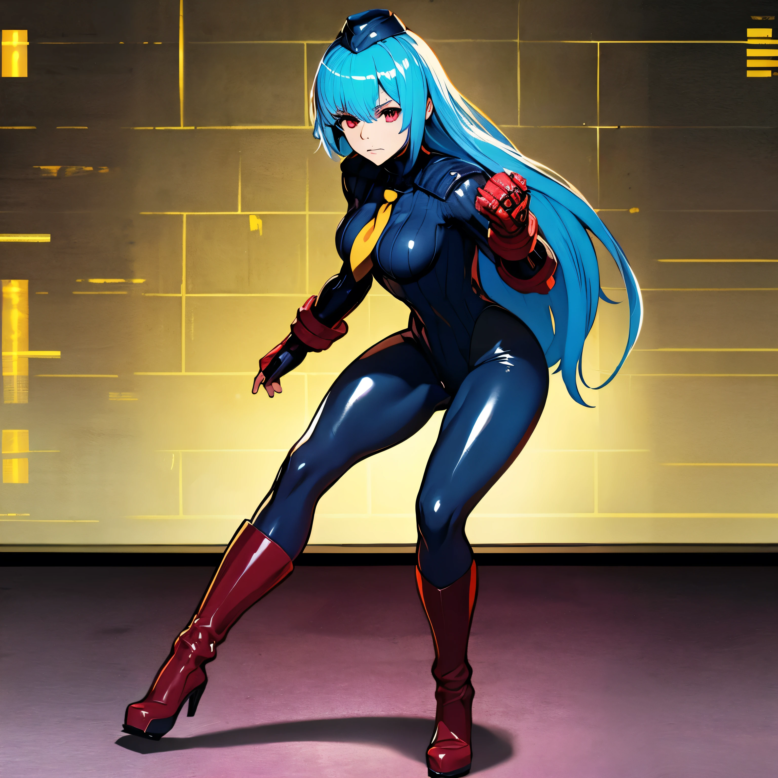 ultra-detailed, Explicit, Beautiful body, Beautiful Nose, Beautiful character design, perfect eyes, perfect face, ultra highres, 4K, beautiful legs, perfect legs, Nice hands, Perfect hand, Masterpiece, Best Quality, Highly detailed, illustration, absurdres, perfect anatomy, street fighter, doll suit, shadaloo doll, dollsuit, expressionless, blank eyes, looking at viewer, red gloves, emotionless, black latex, corrution, mind control, female combatant, full body, hypnotized, unhappy trance, full body suit, ribbed bodysuit, both arms at side, obey, perfect female body, extremely glossy latex, hypnosis, hypnoLora, empty eyes, Mind control device, poses, submissive_pose, Slave, fighting straight, fighting, fighting at attention, hat, necktie, belt, latex, ribbed bodysuit, thighhighs, garter belt, Fighting Stance, extending the right arm from the shoulder into the air with a straightened hand, military, thigh boots, (((pixel-perfect, detail-perfect))), solo, 1girl, hair ornaments,  long hair, blue hair, ponytail, hair ribbon,  brown eyes, Tsuruga Ami, Megami no Cafe Terrace, huge breast,  fighting pose