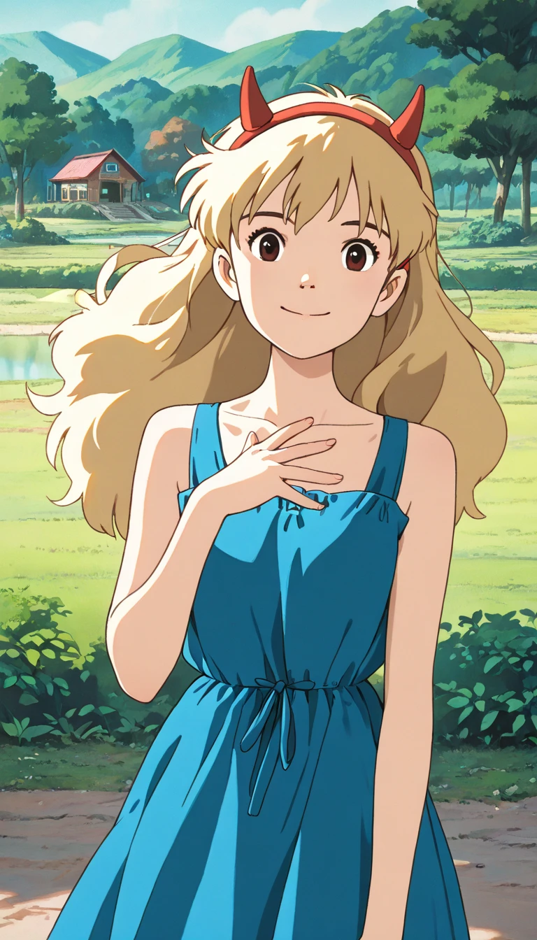 (1girl, solo, star_acc), (extremely detailed CG unit 8k wallpaper),(master part), (best quality), (ultra detail), (best illustration),(ghibli_style), cowboy shot, close up, standing, facing viewer, looking at viewer, perfect face, perfect eyes, perfect fingers, (Sharp eyeliner, ombre, detailed eyes:1), traditional media, ghibli landscapes, scenery, outdoors, park, break , upper body, solo, smile, (blonde hair, long hair, fake horns, sleeveless, dress, sundress, blue dress)