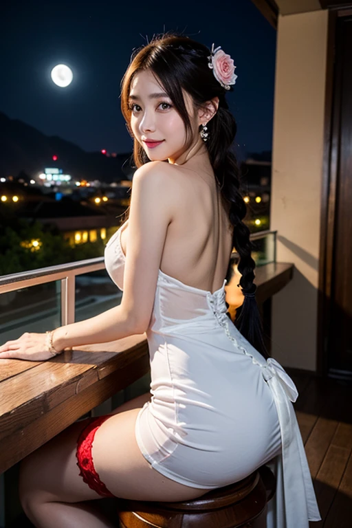 ,back view, turn around, perfect ass,from below,ass,stoop down, focus on ass,looking at viewer,
Cleavage, smile, black cardigan, white knit dress, miniskirt, bare shoulders, high heels,
21 years old, girl, brown hair, long hair, dark eyes, cleavage, huge breasts, big butt, thick legs, erotic pose, sexy pose, restaurant at night, upper floor of a building, night view of Tokyo, moon, wind,

