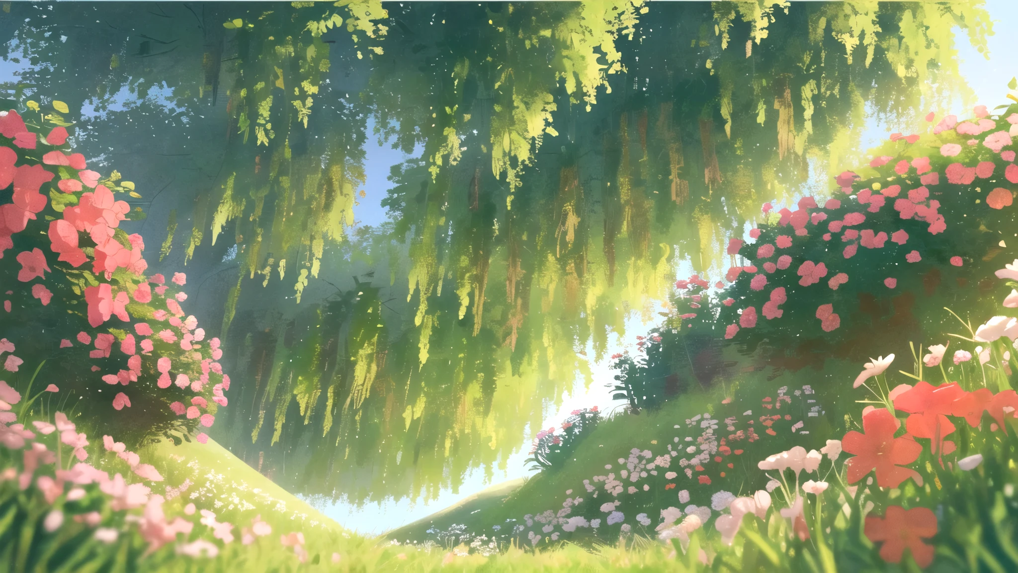masterpiece, best quality, potg style, scenery, flowers, grasslands, from below,