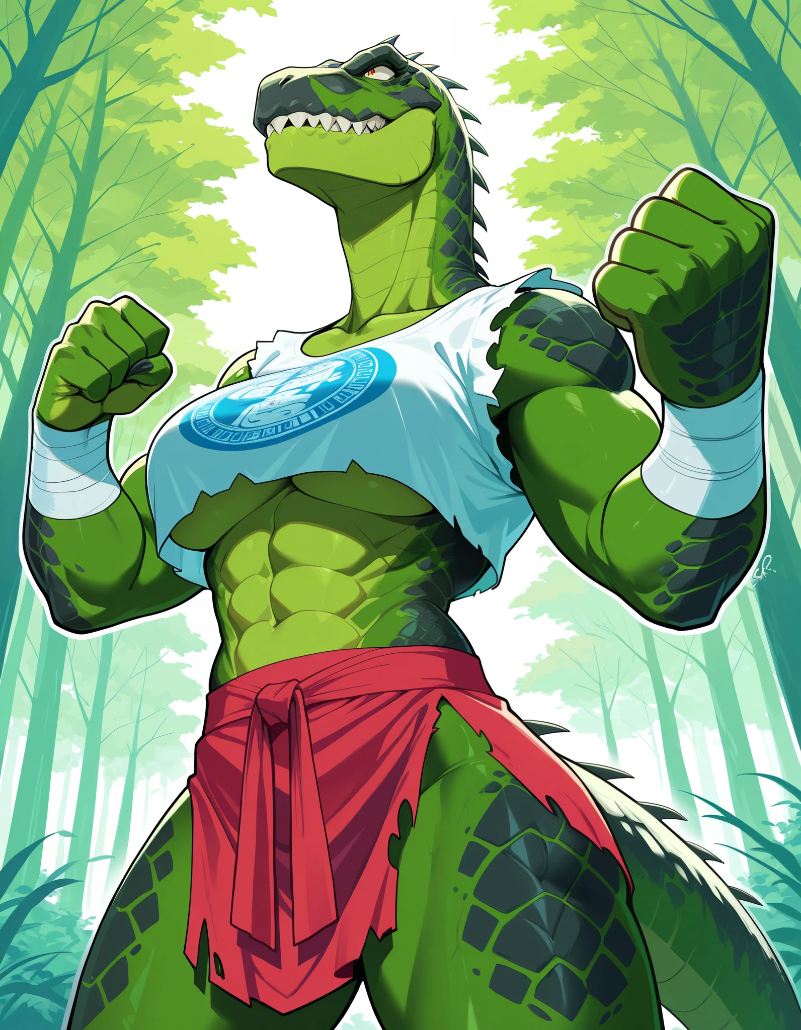 Score_9, Score_8_up, Score_7_up, Score_6_up, Score_5_up, Score_4_up, Source_anime, Solo, Anthro, Female, Scales, anthro Dinosaur, Green body scales, Martial artist, fist bandages, fighter, black scales, (Masterpiece, 8k, hi-res), muscular, pointy teeth, huge mythological Dinosaur woman, Thailand forest, Thailand Temple, Muay tai, (Scale skin), (Shap teeth), perky pointy tits, large apart breasts, ripped crop top, pealed skirt, Mayan print, colorful, magical forest,