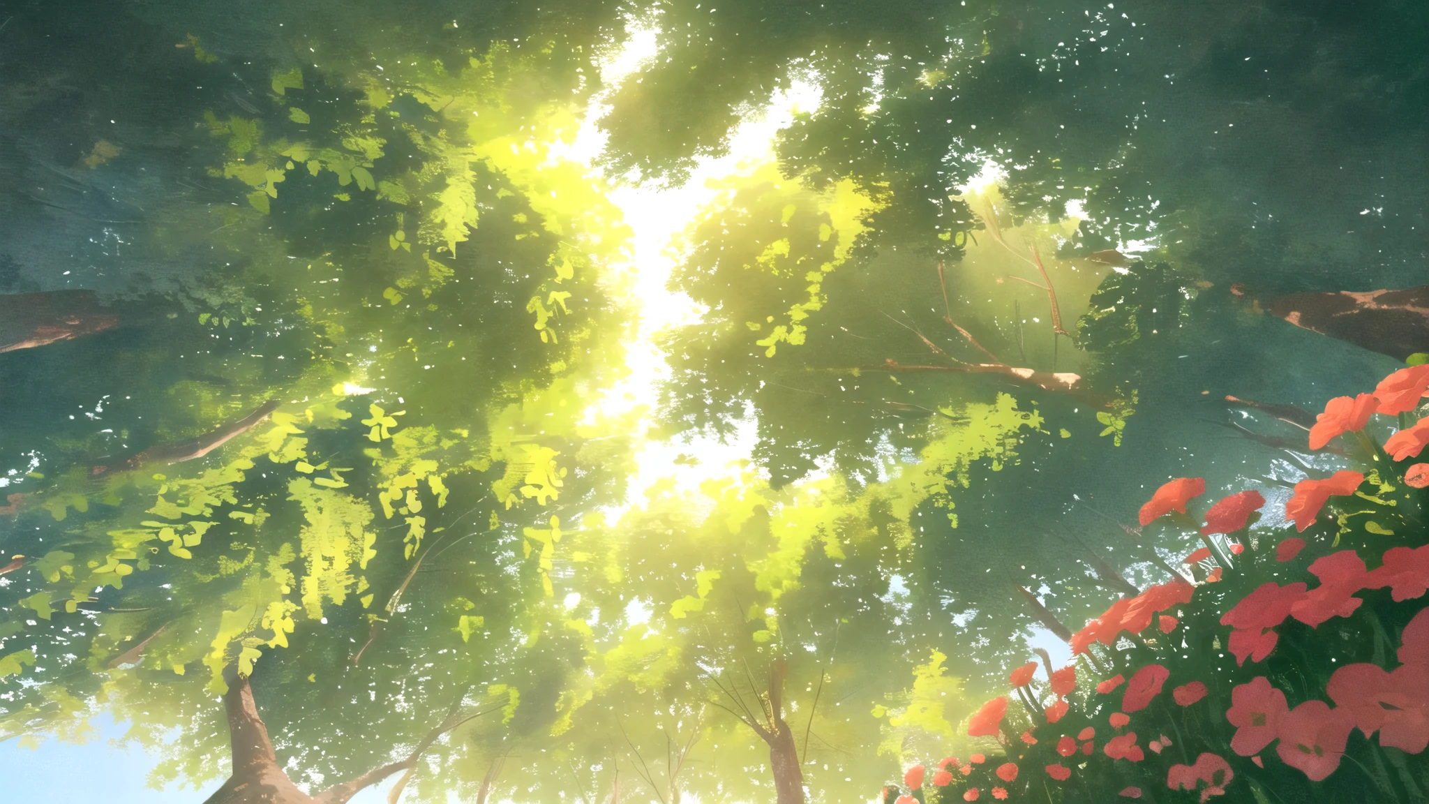masterpiece, best quality, potg style, scenery, flowers, grasslands, from below,