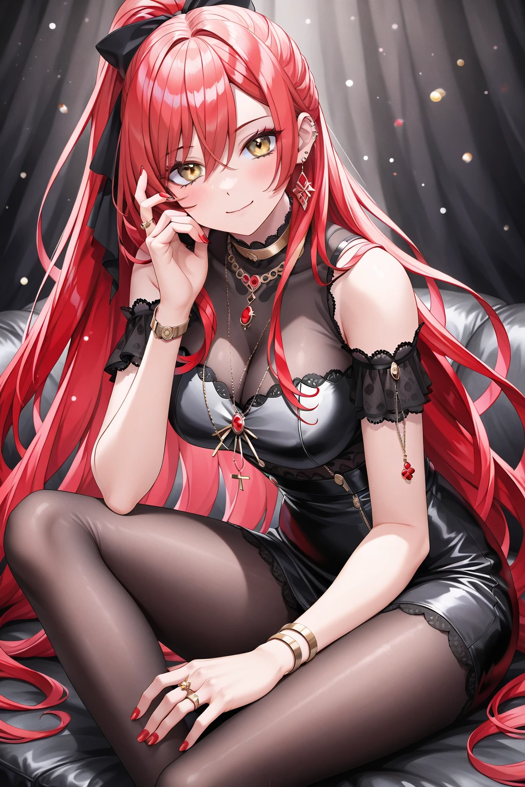 Red long hair, Black sexy pajamas,1girll,Grey eyes, indoor room,laying on bed, blush, Smile, Tolerable, Masterpiece, Best Quality, high resolucion;,detail enhancement,best qualtiy,perfect image quality,Sexy black silk dress,Beautiful and sexy, One-person viewpoint, Small moles under the eyes , prety, large full breasts