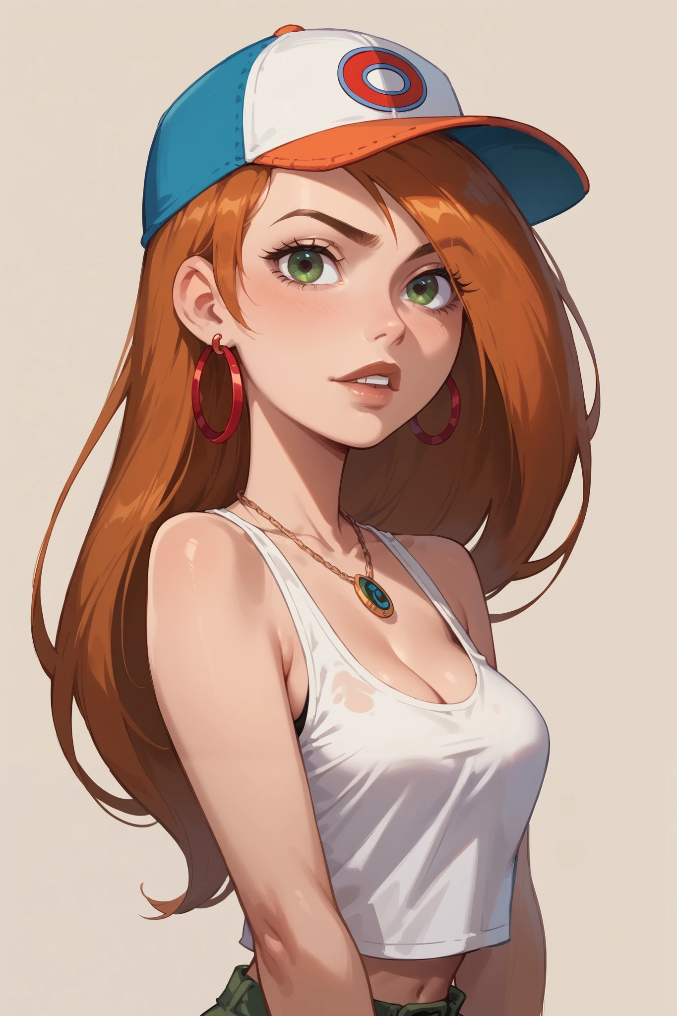  score_9, score_8_up, score_7_up,Kim Possible,  long straight hair with bangs, baseball hat, (cropped white  tank top),  , Cleavage,  necklace, earrings