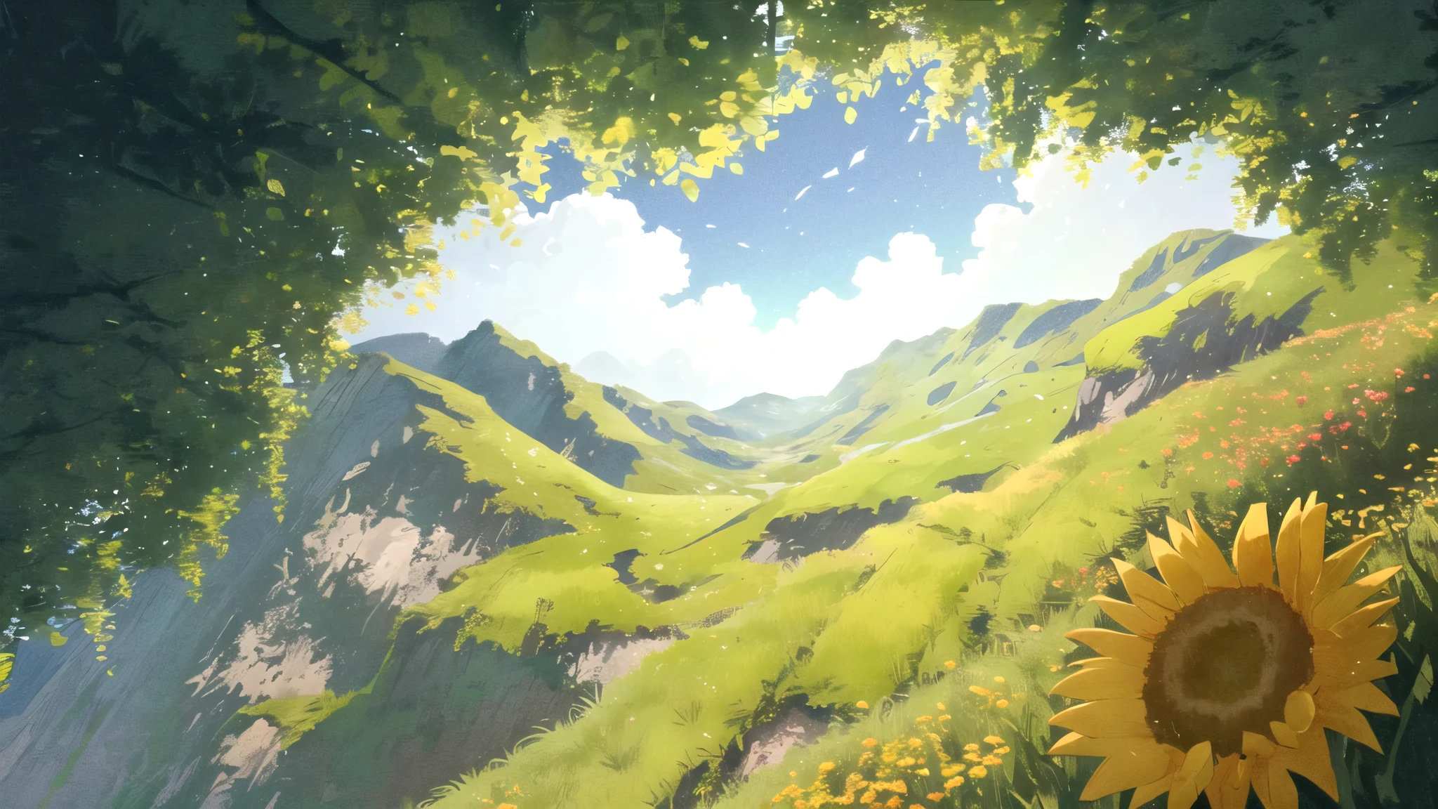 masterpiece, best quality, potg style, scenery, flowers, grasslands, from below,