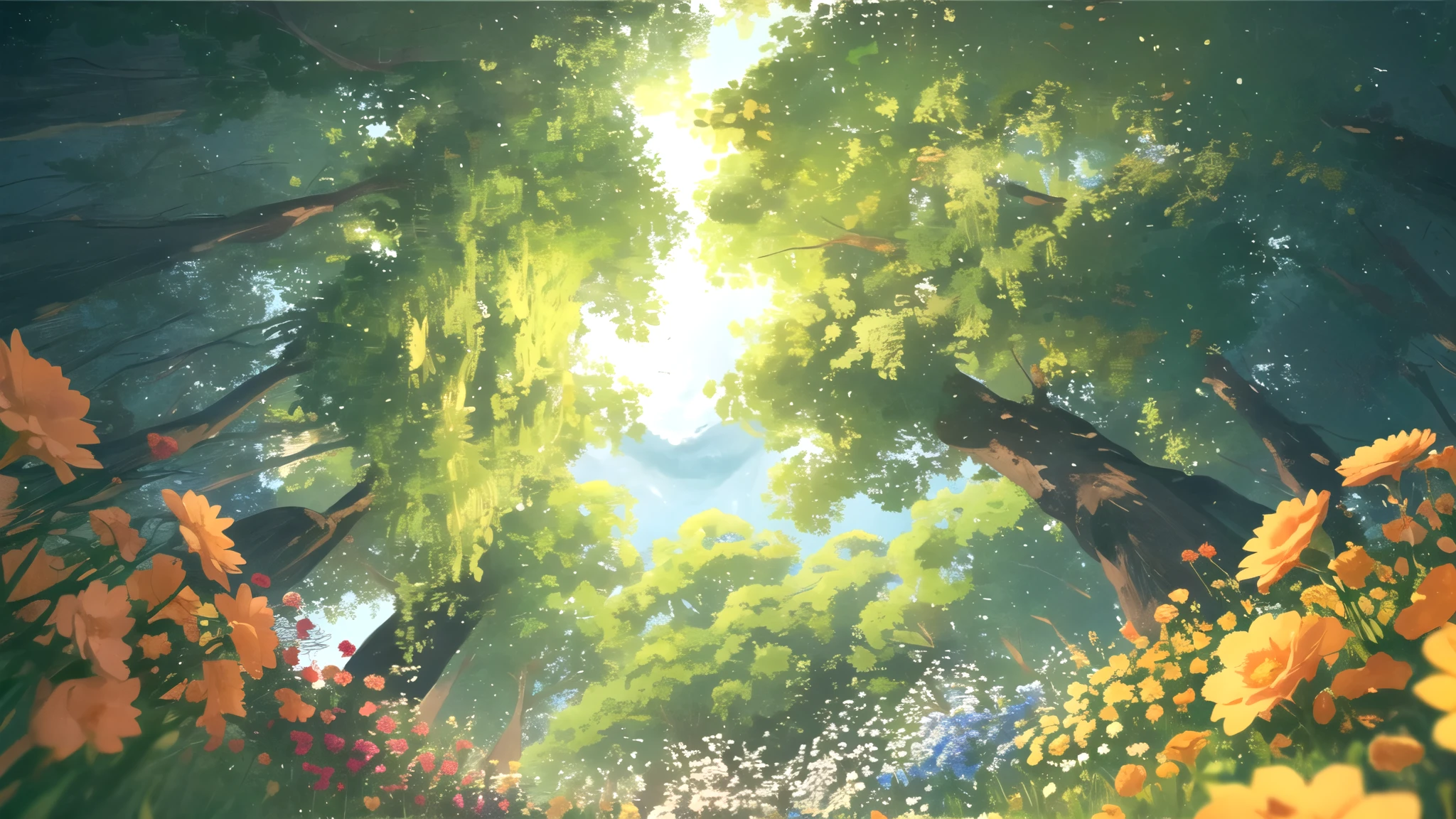 masterpiece, best quality, potg style, scenery, flowers, grasslands, from below,