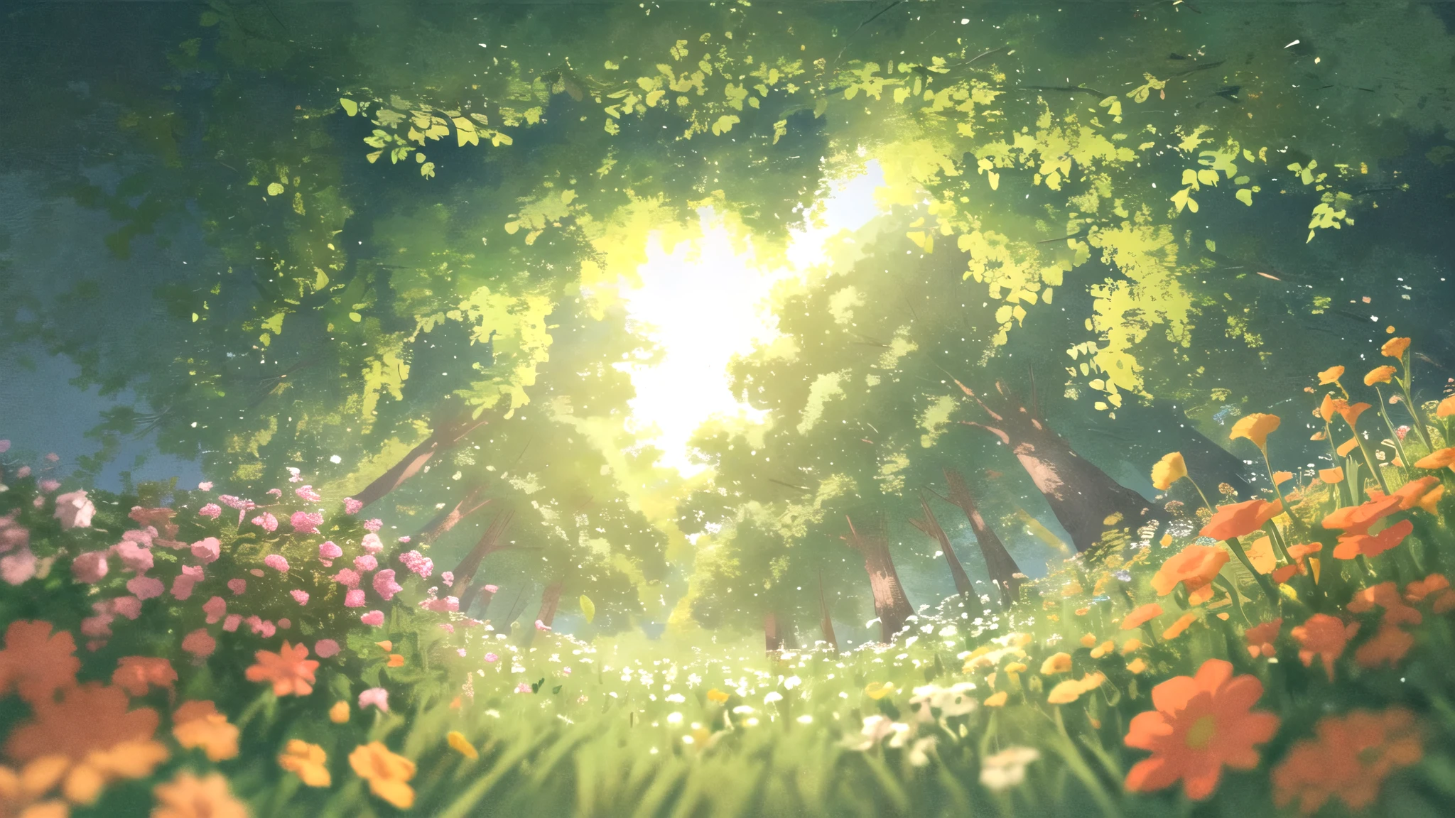 masterpiece, best quality, potg style, scenery, flowers, grasslands, from below,