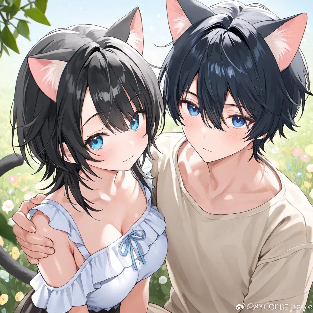 Neko anime boy kissing his boyfriend, blushing, cat ears, cat tail