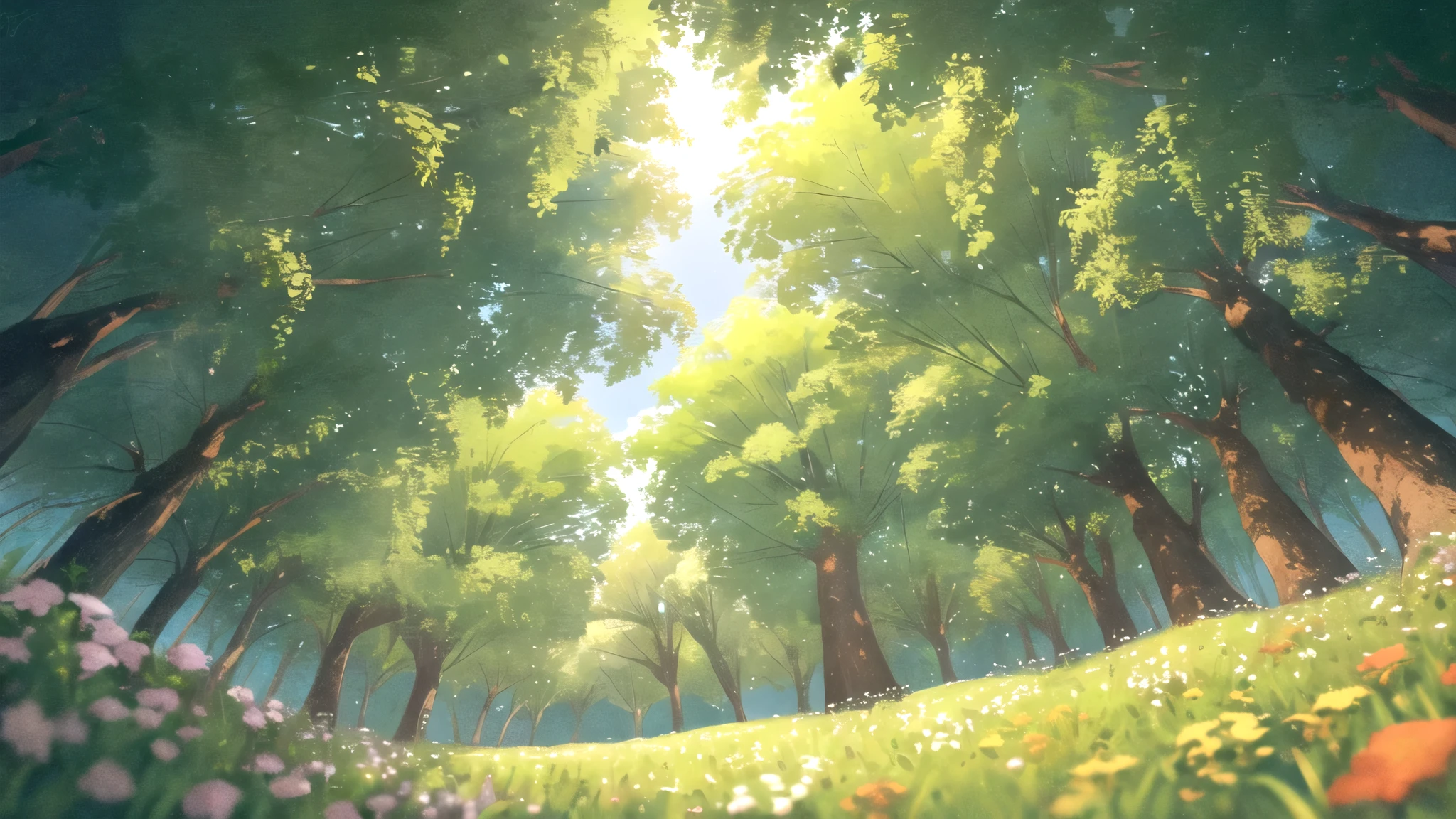 masterpiece, best quality, potg style, scenery, flowers, grasslands, from below,