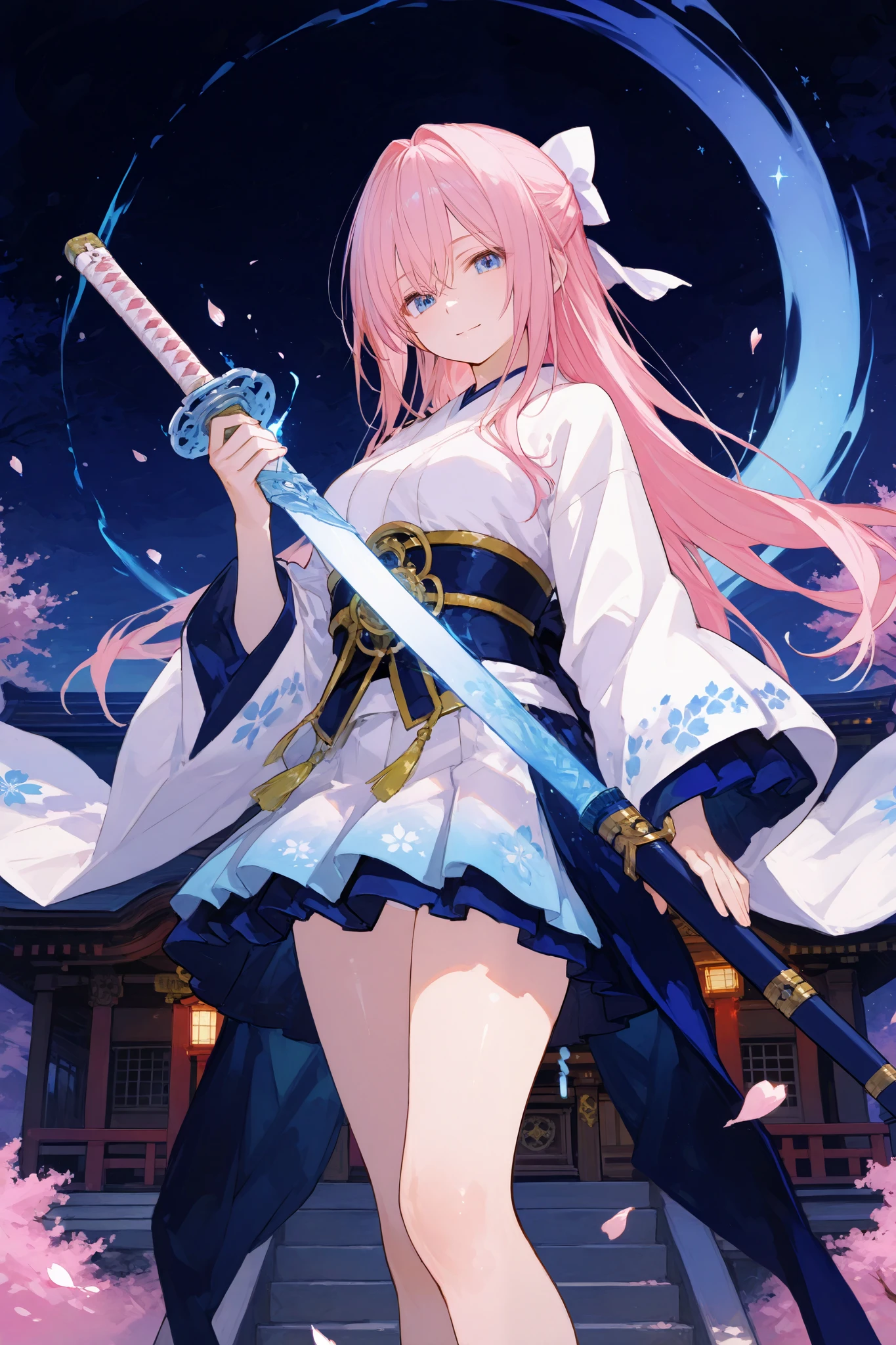 beautiful girl with long pink hair in a half ponytail wears an elegant blue and white outfit, holding a finely crafted sword. She stands gracefully in a fantasy landscape with cherry blossom petals floating around her. The background features a moonlit shrine, creating a mysterious atmosphere. Soft glowing lights enhance the magical aura, blending fantasy realism with digital painting techniques. The chiaroscuro effect adds depth, while the bloom effect, glow effect, and star dust make the scene ultra-detailed in 8K resolution.
