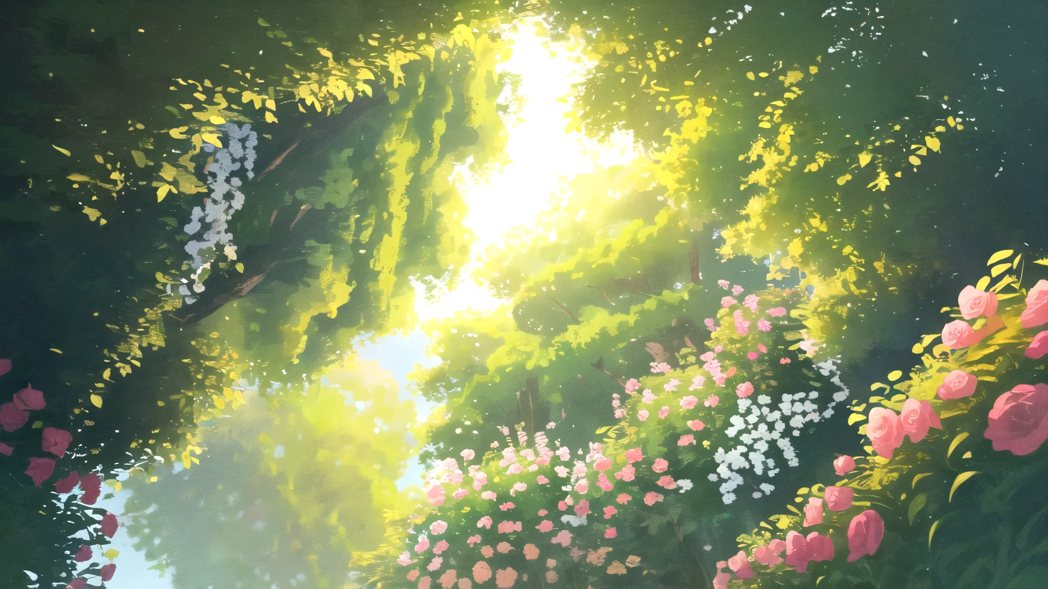 masterpiece, best quality, potg style, scenery, flowers, grasslands, from below,