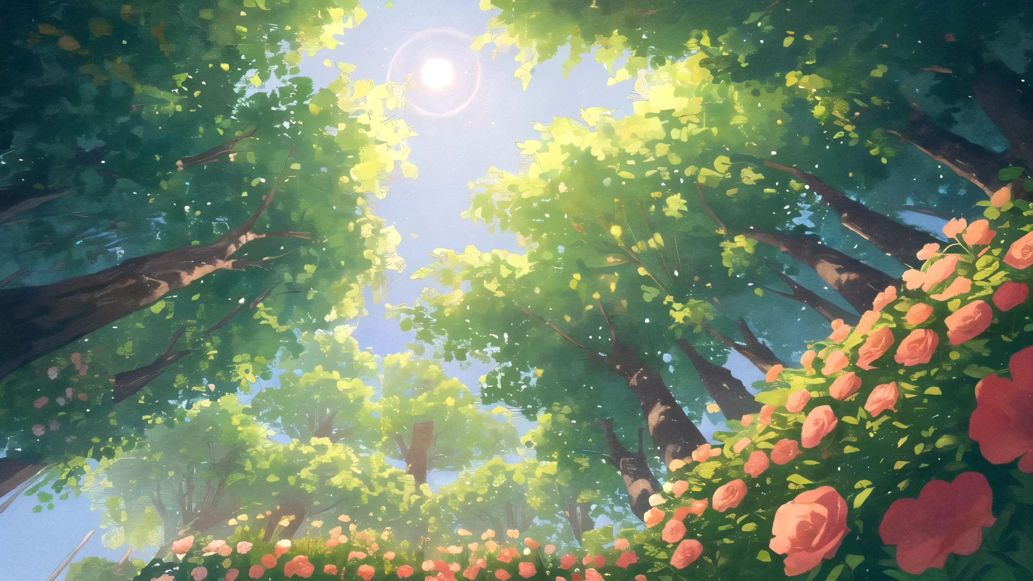 masterpiece, best quality, potg style, scenery, flowers, grasslands, from below,