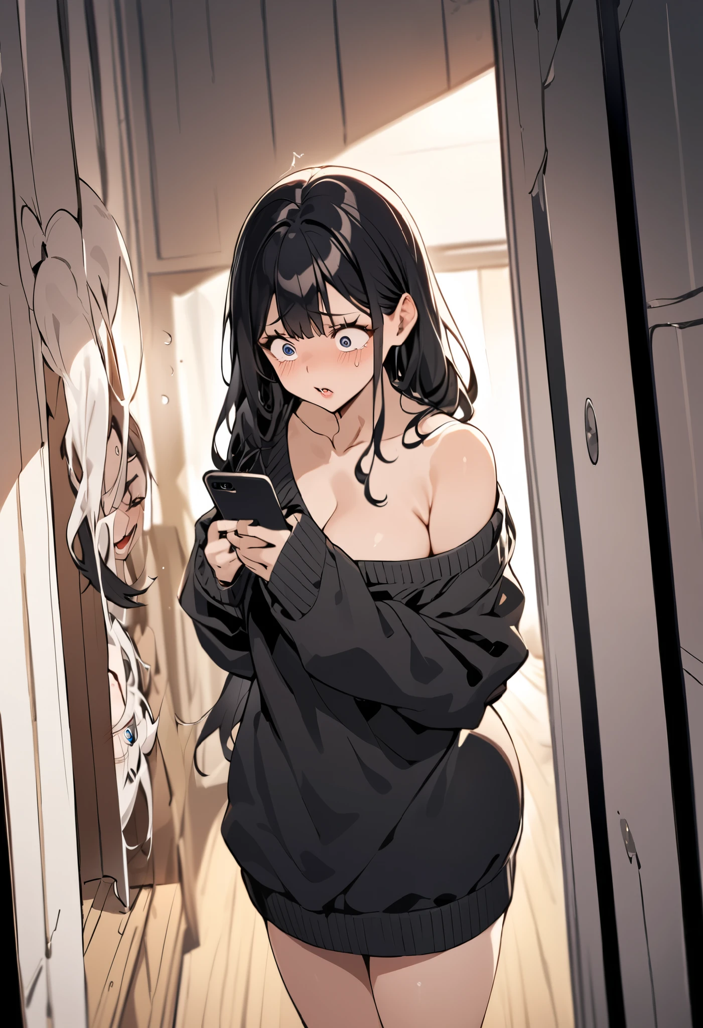  standing height : 167cm,   E-cup has thin breasts and curved hips ..   oversized sweater  ,  blunt lips,   Elegant features  .   Long, black, silky hair flows down .  shy expression ,  masterpiece,  top quality,  to death  traits,  Shy expression while using the phone shyly  ,  looking down,   Nervous Expression  ,  has big eyes ,  fair and smooth skin ,  dark circle, Indoor,  soft lighting , &Eat ;Laura: to death :0.8&GT;, &Eat ;Laura:  emotional expression  :0.7&GT;,  Anxious ,  unsteady 