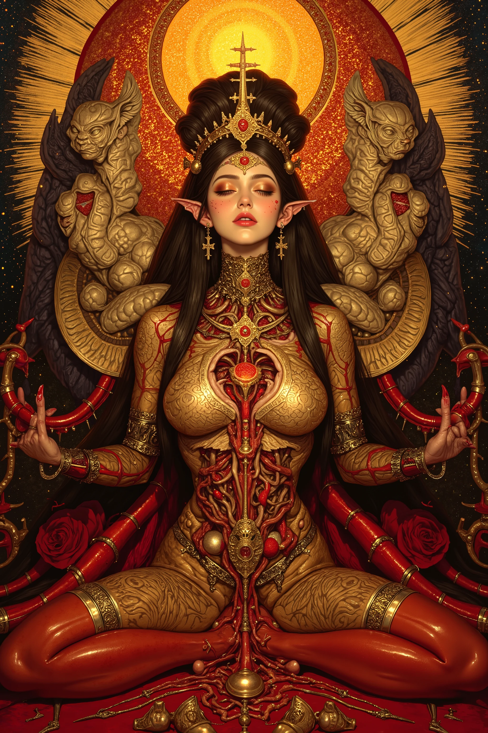 1 girl,((beautiful goddess)),((zazen pose,buddha pose,sitting:1.5)),body horror, portrait ,close up,biomachine, bloody,shining sun, living being, (vivid color),(colorful),(tangled:1.2), H.R Giger style, wingry 6 arms,Gustav Klimt  Style,
Granulated, fleshy body,blood vessels,red liquid,red,gold,  
16k,detailed image,　　　by gustavklimt,creature,biomechanical style