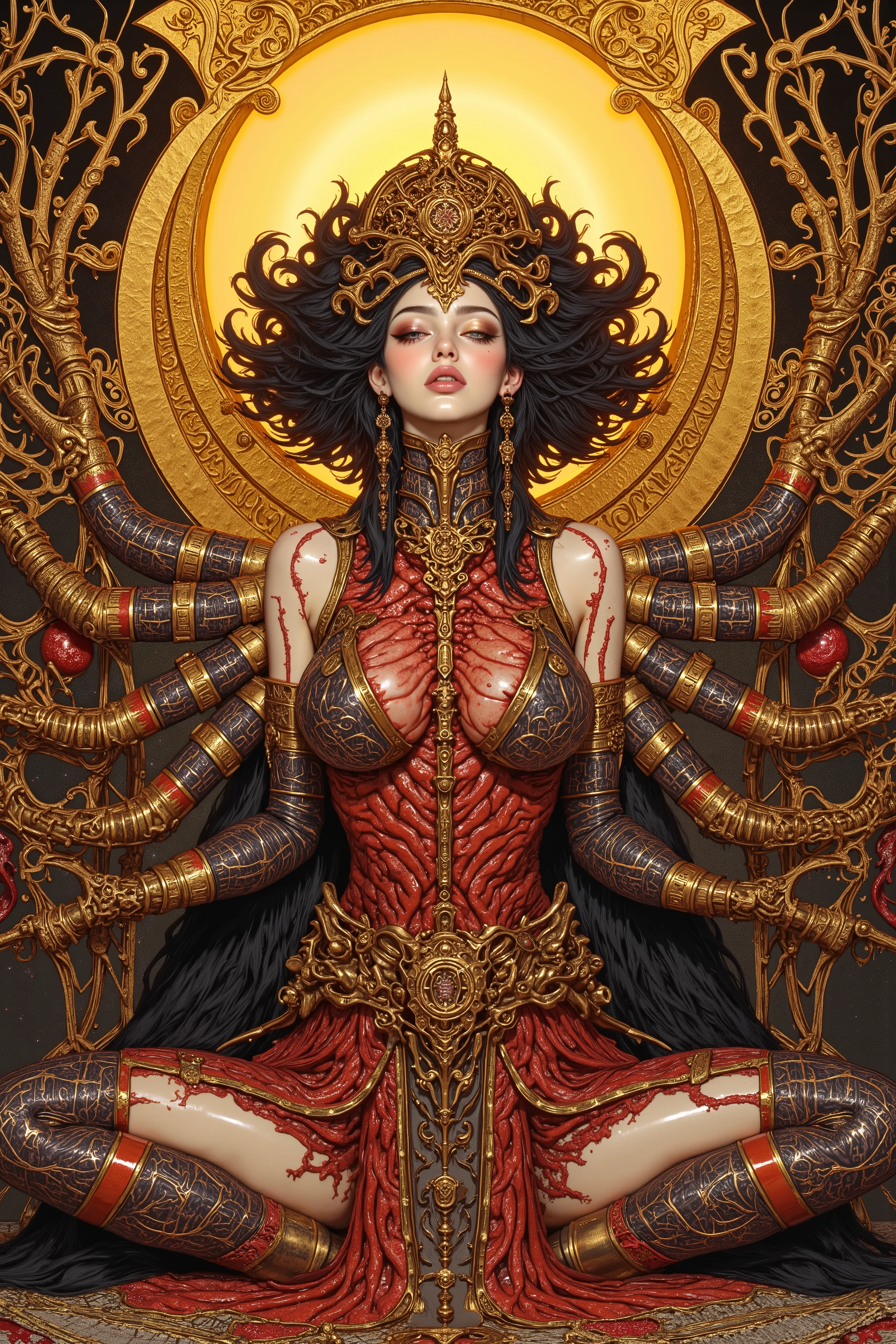 1 girl,((beautiful goddess)),((zazen,buddha pose,sitting,praying hands:1.5)),body horror, portrait ,close up,biomachine, bloody,shining sun, living being, (vivid color),(colorful),(tangled:1.2),wearing body suit, H.R Giger style, wingry 6 arms,Gustav Klimt  Style,
Granulated, fleshy body,blood vessels,red liquid,red,gold,ritual,
16k,detailed image,　　　by gustavklimt,creature,biomechanical style