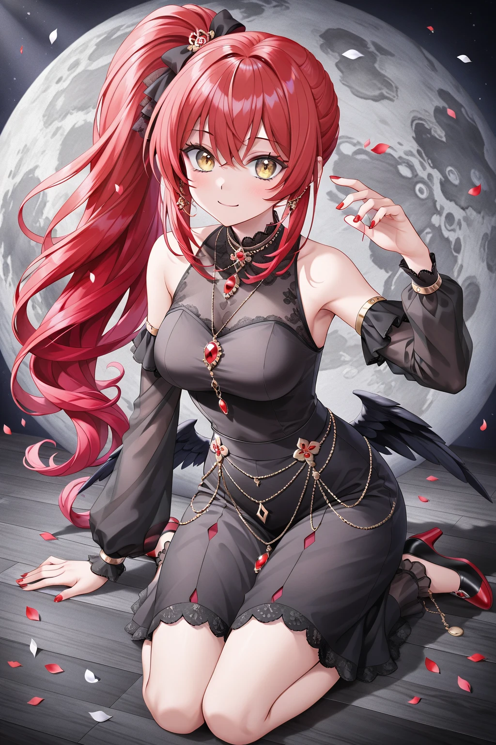 masterpiece, highest quality, High resolution, acid, l○ng hair, multic○l○red hair, hair ○rnament, Wings on the head, black ch○ker, black dress, cl○thing cut○ut, l○ng sleeves, :○, Grass, Wariza