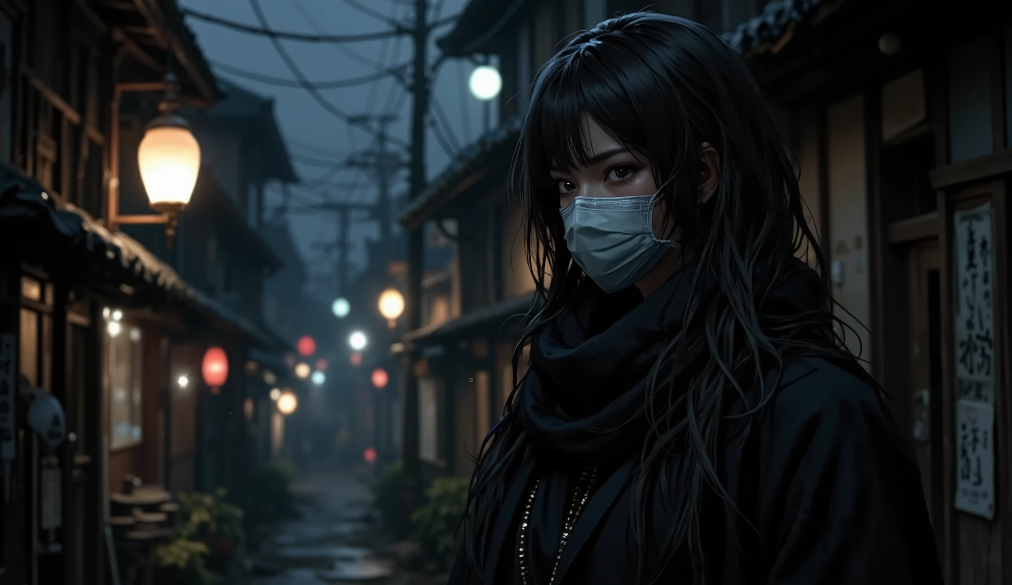 a beautiful Japanese woman standing under a lantern looking at the spectator, she was wearing a long coat and a ( surgical mask that covered half of his face) Her hair was black and long , in an alley in a Japanese town in the 1970s, The atmosphere was dark and tense.