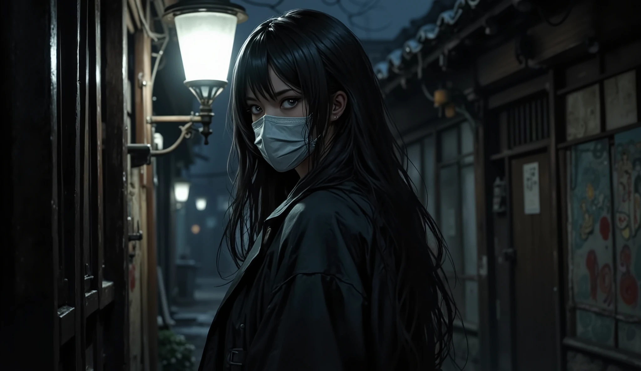 a beautiful Japanese woman standing under a lantern looking at the spectator, she was wearing a long coat and a ( surgical mask that covered half of his face) Her hair was black and long , in an alley in a Japanese town in the 1970s, The atmosphere was dark and tense.