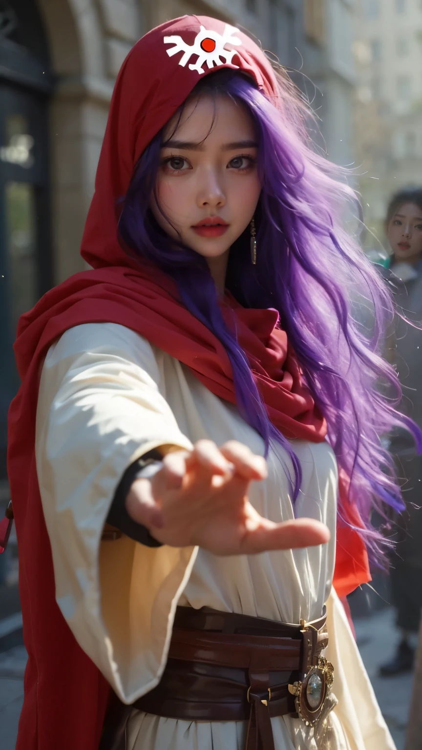 (( cute face))) clear coat.dq pom ,purple hair, earrings.、 top quality , bangs , Little head on the street :1.3 Ultra Realistic :1.2 , Masterpiece, top quality , More details, realistic lighting .A Broader Perspective. fantasy . Outdoors