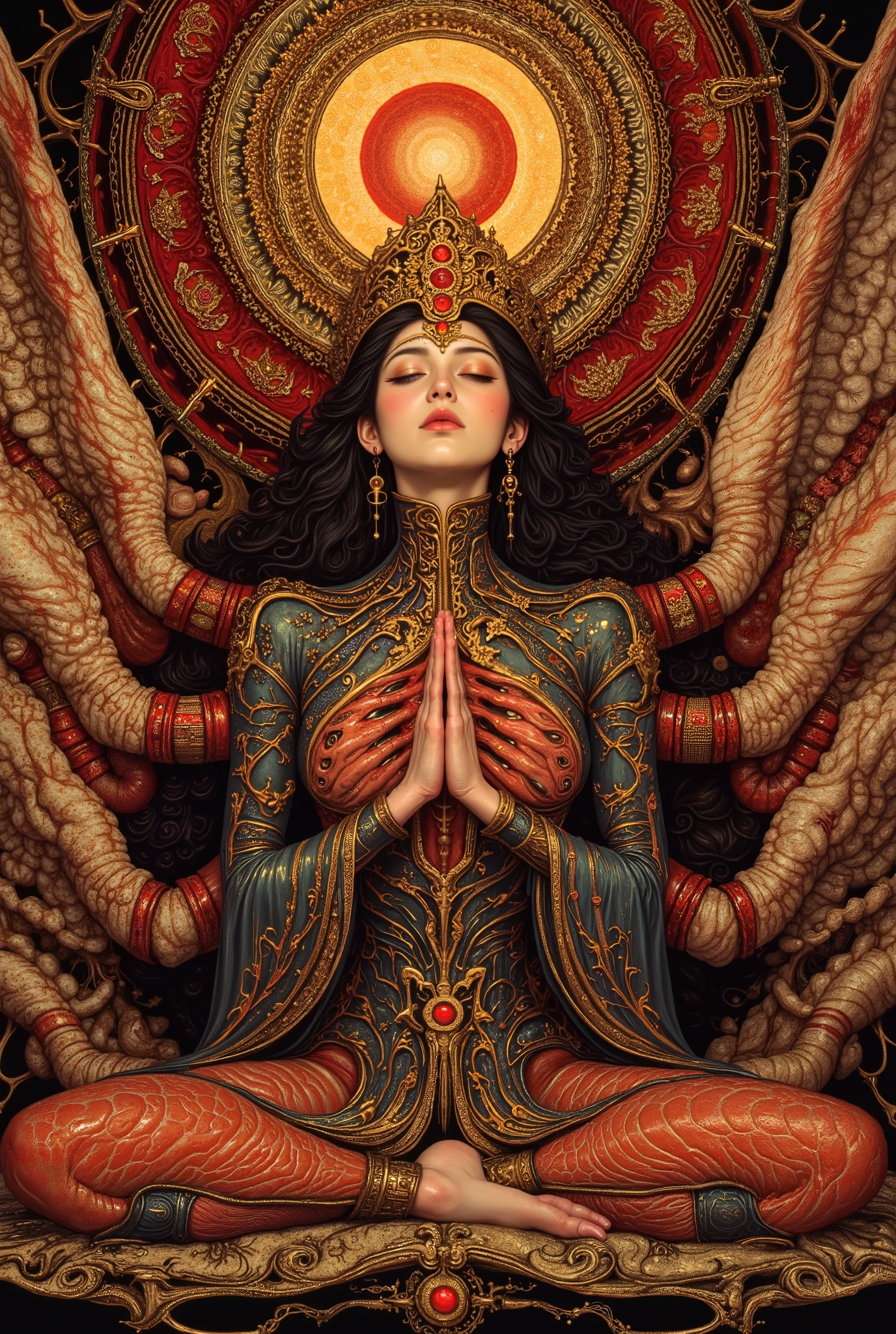 1 girl,((beautiful goddess,motherly)),((zazen,buddha pose,sitting,praying hands:1.5)),body horror, portrait ,close up,third eye,biomachine,(bloody),shining sun, living being, (vivid color),(colorful),(tangled:1.2),(wearing body suit:1.2), H.R Giger style, wingry 6 arms,Gustav Klimt Style,
Granulated,blood vessels,red liquid,red,gold,ritual,Abundance,
16k,detailed image, by gustavklimt,creature,biomechanical style