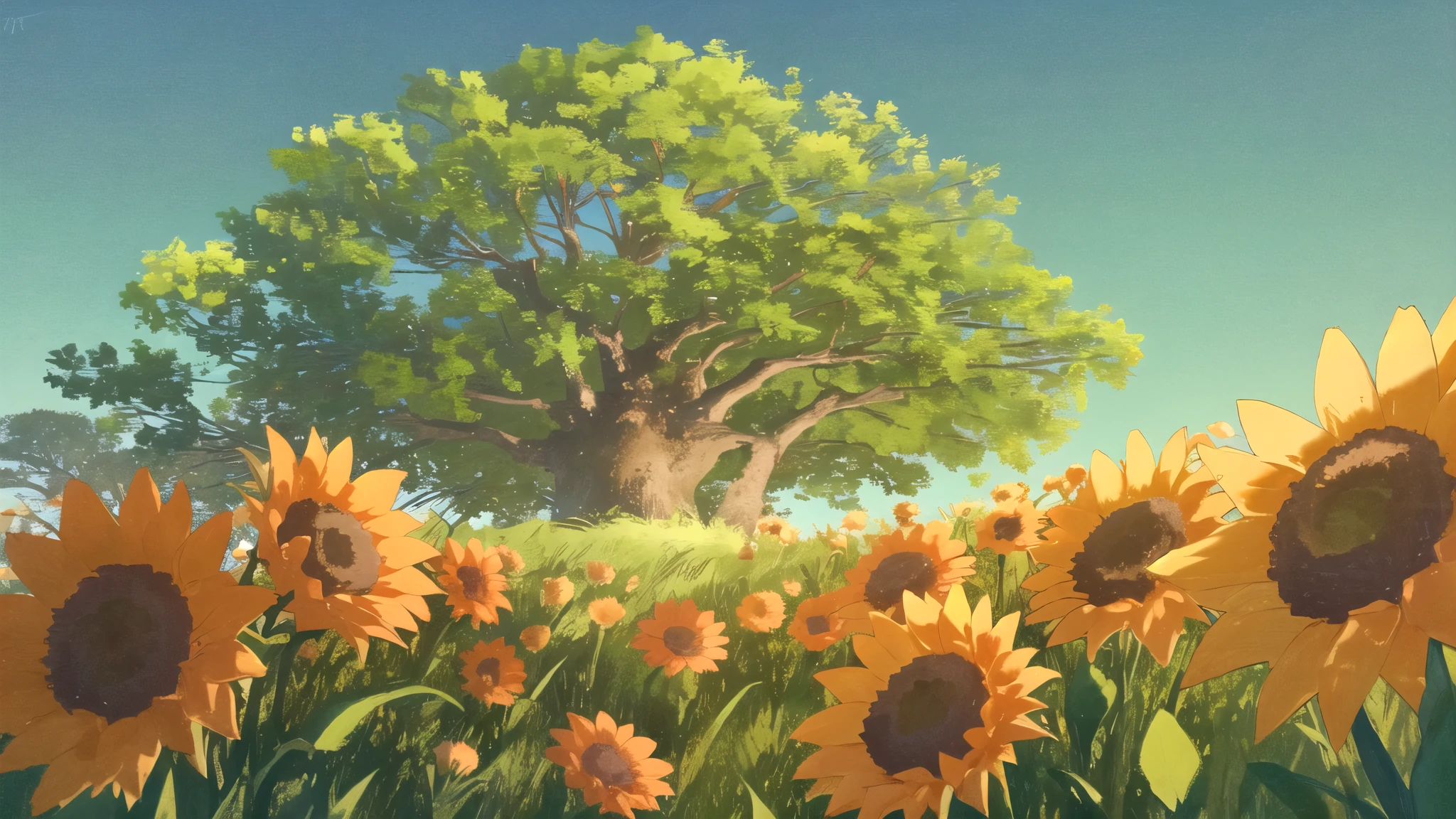 masterpiece, best quality, potg style, scenery, flowers, grasslands, from below,