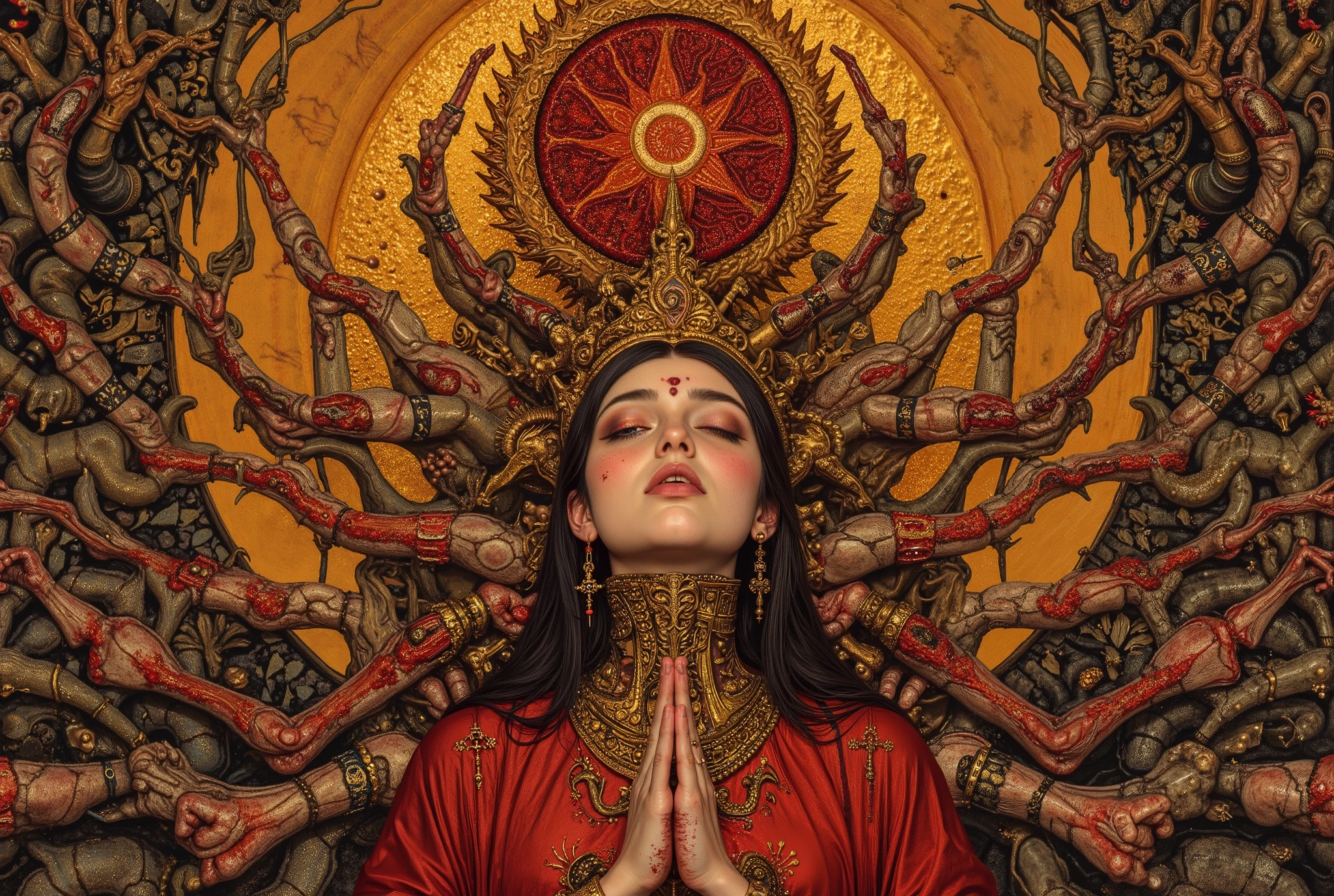 1 girl,((beautiful goddess,motherly)),((zazen,buddha pose,sitting,praying hands:1.5)),body horror, portrait ,close up,third eye,biomachine,(bloody),shining sun, living being, (vivid color),(colorful),(tangled:1.2),(wearing robe:1.2), H.R Giger style, wingry 6 arms,Gustav Klimt Style,
Granulated,blood vessels,red liquid,red,gold,ritual,Abundance,
16k,detailed image, by gustavklimt,creature,biomechanical style