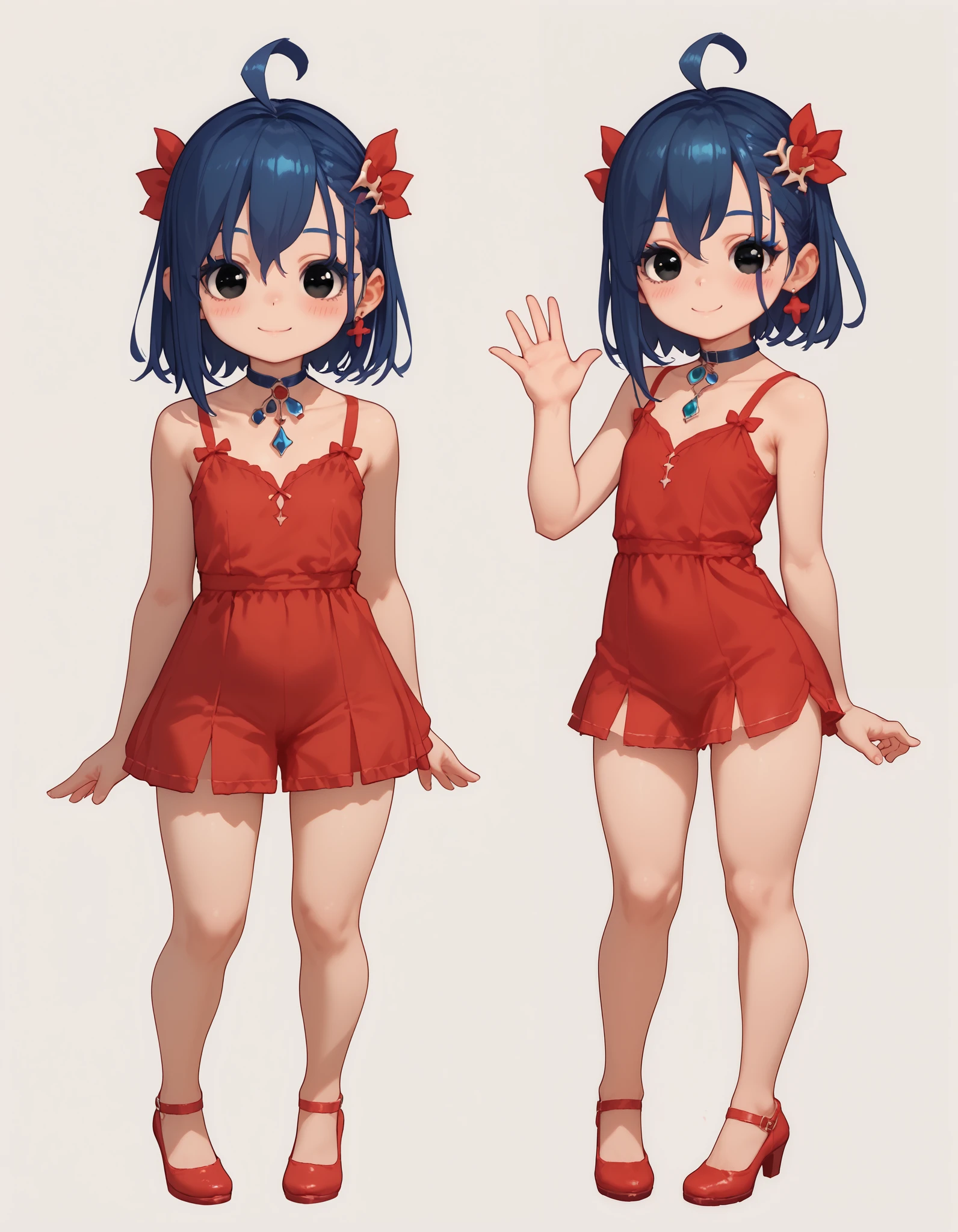 1girl,(TinyMita), (dark blue hair), small, short, (li), cute smile, blushing, (black eyes),, 1, ahoge, 1girl,  Red dress with blue and white details , masterpiece, best quality, 8k, high resolution, aesthetically pleasing, full body, looking at viewer, standing, legs spread, waving, waving arms, looking at viewer, white background, simple background, highly rendered, body (finished:1.3), looking at viewer, exposed, pelvic,ass visible through thighs, Alkemanubis,Opossumachine style,Mizumizuni,Massakasama, Kittew)