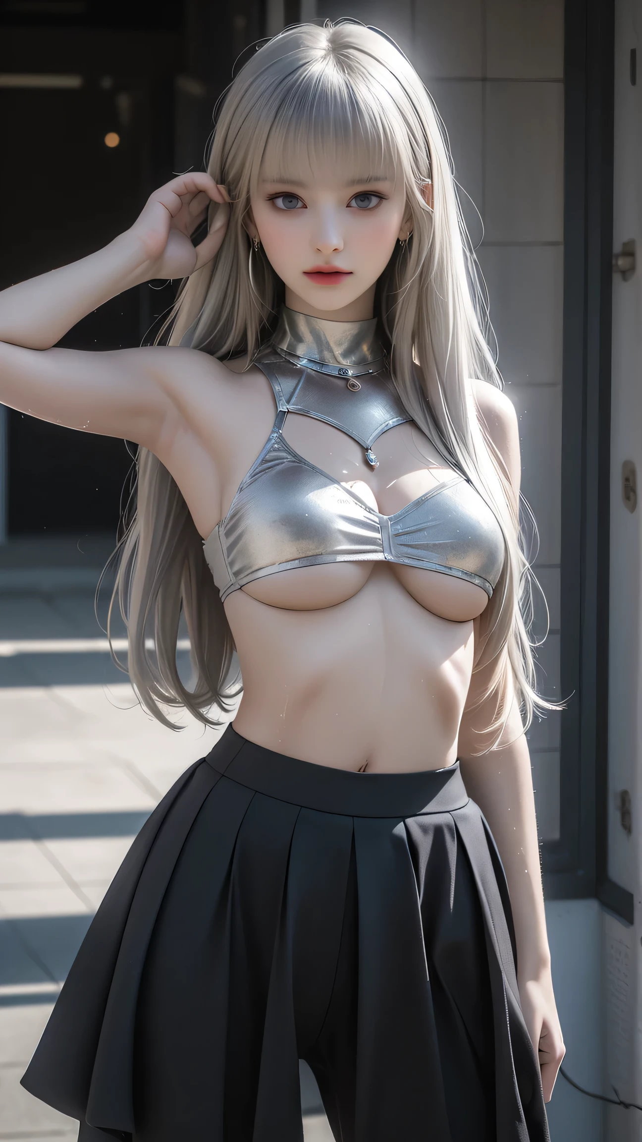 (best qualtiy)),((Superior Quality, 8k, tmasterpiece: 1.5)), Pubic area is clear: 1.2, Perfect Body Beauty: 1. 4) Wet Skin, smile, Film texture, Photorealistic, High image quality, 1 person, single, High hips、(Rear view)、(look back)、(Narrow Face)、Gray Hair、Long Hair、4K, Ultra HD, masterpiece, 1 girl, serious face, detailed eyes, very long hair, (water:1.5),、(Black panties are visible)Fluorescent color、((One Girl))、Look to the side、 Beautiful Face、Beautiful Eyes、(Big Blue Eyes)、(Dull silver hair)、Shiny Hair、Glowing Skin、Reduce glare、Finger Proportion Adjustment、Escrow、Bat View、(dance)、Dynamic angle、(Master Parts)、(Best Quality)、(Ultra-fine) (Ultra fine)、(Illustration)、(Detail Light)、(Very delicate and beautiful)、Dramatic Shadows、Ray Tracing、reflection、超High resolution、(Master Parts)、(High image quality) High resolution、(Master Parts)、(最High image quality)、(Ultra HD)、High resolution、((Colorful hair and mesh))、Hair fluttering in the wind。Hair fluttering in the wind、(Big deep blue eyes)、Silver Hair、Hair woman、Sparkling butterfly、Sparkling butterfly、Hair Black) woman、Light spots around the woman、Magical Aura、Green dot、The true nature of aura、Magical Aura黒Hair woman、、(Sleeveless)、(The skirt flutters in the wind)、(Searchlight)((Furby、Laser beam))、(Full Body Shot)、(Long legs)、(High heels)、、Underarm、Raise your arms、protogen、Underarm、Show the side、、Sleeveless、upper armを見せる、upper arm、Raise your arms、(Behind me is a sky full of stars、Milky Way Galaxy)Magical Aura、Green dot、About Aura Natural、Super magical aura, black haired golden woman、 ((Black one-shoulder miniTshirt: 1. 3))、((Stretch pants that go down to the navel))、((An old European castle is hazy in the distance))、((underboob)),(The lower part of the chest is visible),(Abdominal muscles and belly button are visible)、((underboob))(、I can see the bottom of my chest)、Leather shoes、Long legs、Standing posture from the front、Full body portrait、High definition face、Skin texture、Fine-grained、Realistic eyes、Beautiful fine-grained、