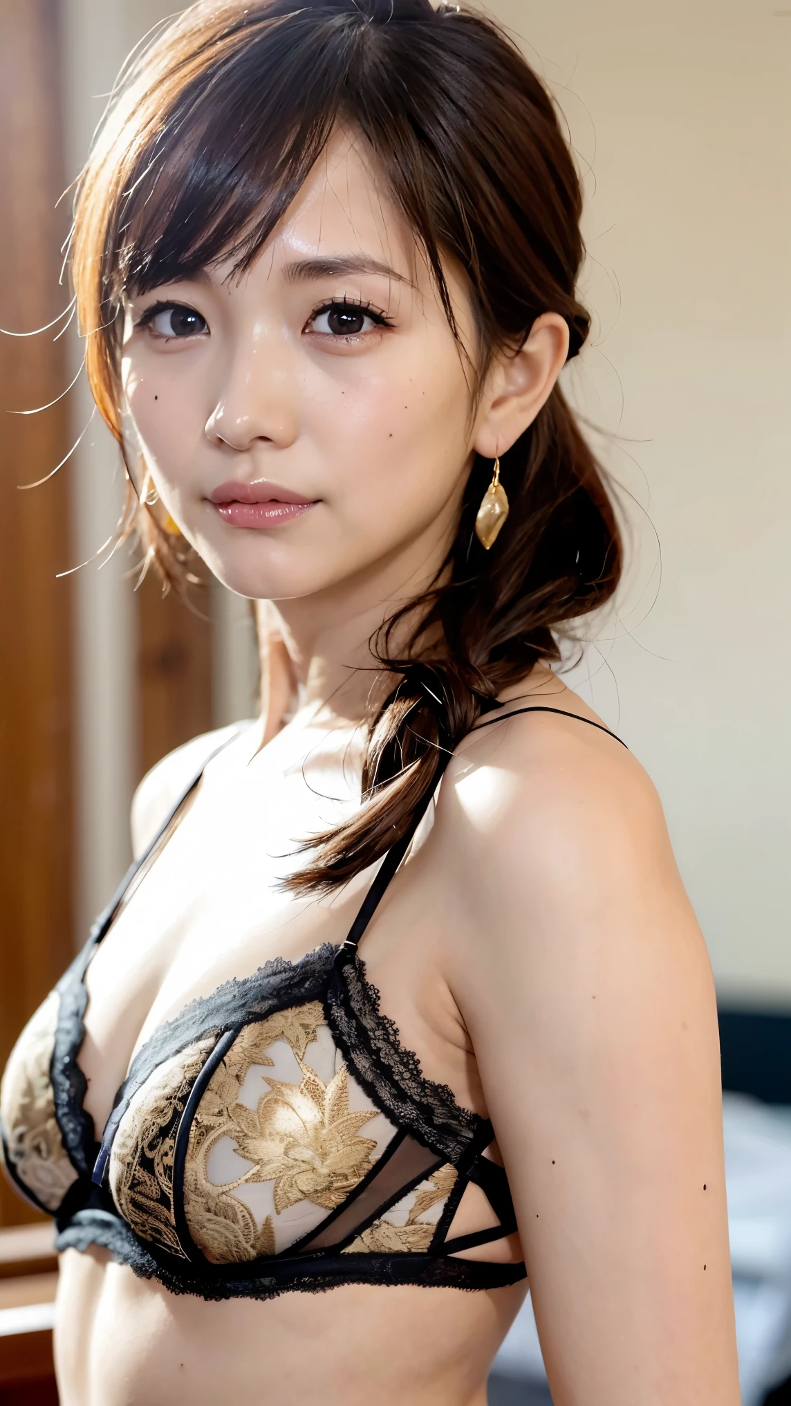 8k, by Nomi, RAW Photo, top quality:1.4), Japanese, ( woman 1 person), (white and gold lace underwear、Complex Pattern、Finest fabrics), facial beauty, ( by Nomi Faces), ( by Nomi eyes), beautiful eyes, ( by Nomi Skin), beautiful skin,, ultra high resolution, very well detailed, body shot, Smile , model style with long hair,