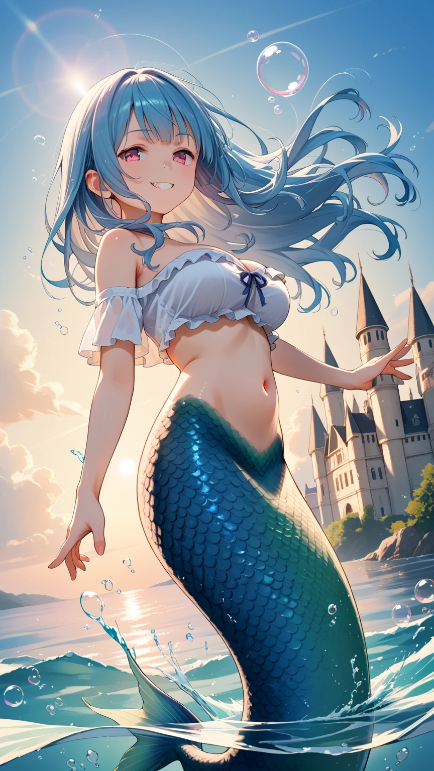 Dark Nordic forest，A mythical creature lurks. ocean water，，，Scaly fish tail，with long coiled hair，，blue color eyes，，medium boob，gray colored skin，8k，rainy days，，Aqua blue curly long hair，mermaids，，Long tail，The face is delicate and the best picture quality