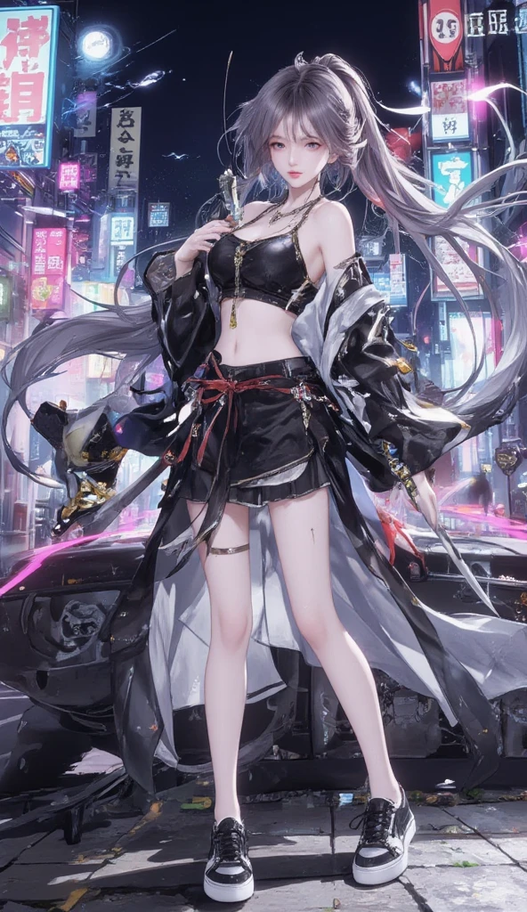 There is a woman dressed in black leather posing for a photo、2 b、2b、Full body CGsociety、3d rendering character art 8k、Russell Dongjun Lu 作、sacred rendering、Inspired by NieR: Automata、Inspired by NieR: Automata、2b nier automata、cgsociety 9、Smooth digital concept art、((masterpiece))、((最high quality))、((Super detailed))、(8k)、((wallpaper))、((highly detailed CG))、 (Raw photo:1.2)、beautiful、perfect eyes、detailed eyes、nice eyes、sneaky smile、Mistress((Girl Nude))、((naked))、((very naked))、((gray hair))、( (blue gradient hair))、((belly nude))、((chest nude))、graffiti in the background、samurai helmet black、futuristic cityscape、(Irregular architecture)、mechanical、(cyber punk)、(Hovering train)、realistic lighting、 (abysasterpieces、high quality、beautiful graphics、High definition、((Approaching flying saucers and ships in the sky))、vision (wide angle lens)、ultra high resolution (realism: 1.4)、超high quality、Highly detailed CG Unity 8k wallpaper、aesthetics、award winning photography、high detail、Detail emphasis、blur removal、Complexity and the art of travel。visually stunning。beautiful future city、beautiful city、dreamland of chinese、pixel、blue hour photos、dreamland of chinese、magnificent clouds、Fantastic clouds。