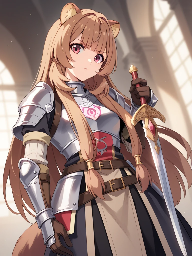 SFW,masterpiece,best quality,ultra-detailed, ray tracing,perfect lighting, raph, 1girl, solo, tail, racoon ears, wearing armor, castle background, staring at viewer, light brown hair, red eyes, black eyeliner